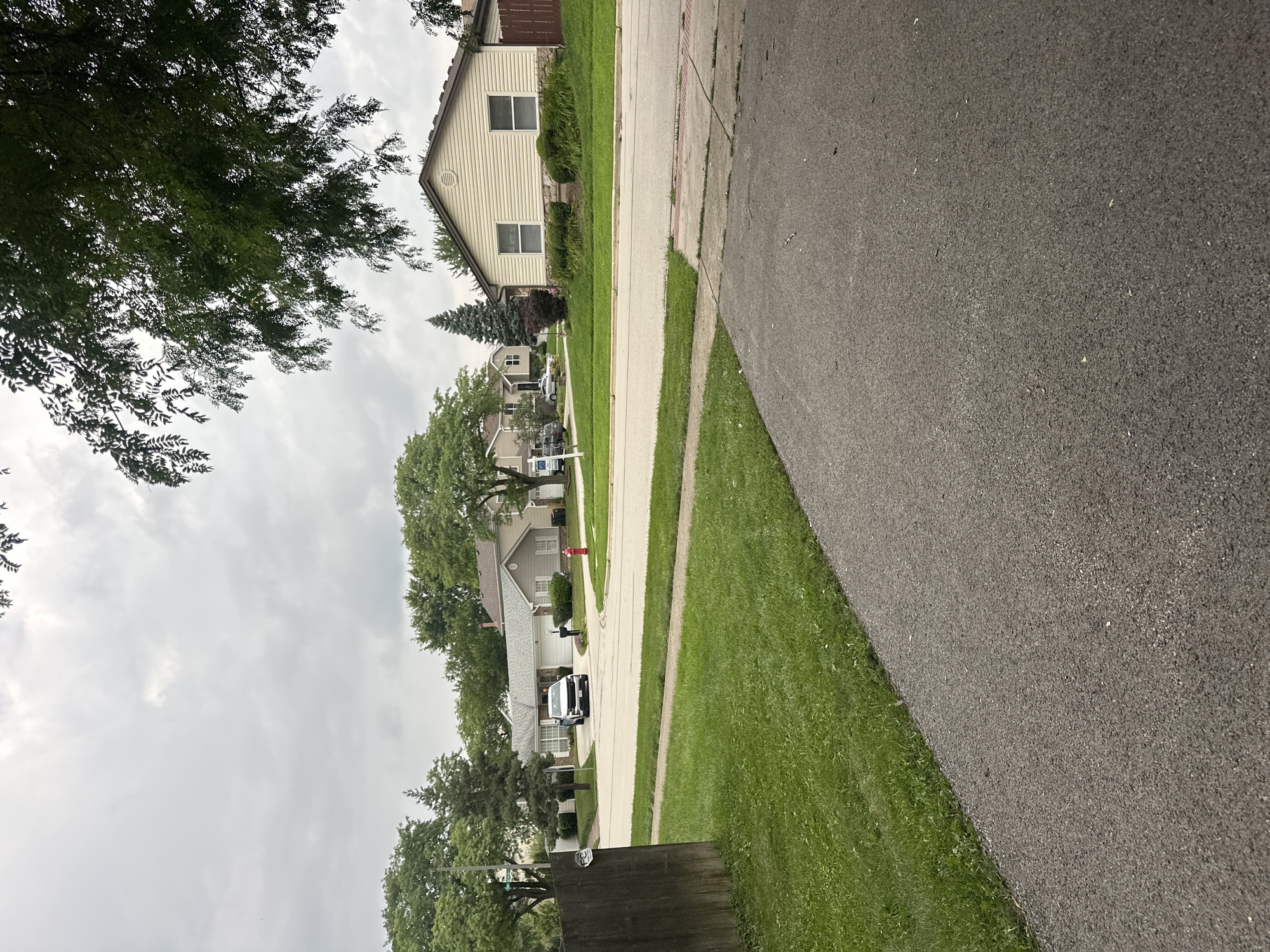 A cloudy, overcast day in a suburban neighborhood of Streamwood, United States of America. The image is a street-level view with a paved driveway in the foreground. A strip of green grass separates the driveway from the street. Across the street, several houses are visible with manicured lawns and trees. In the middle ground, a white pickup truck is parked in the driveway of a light-colored house. Further down the street, another car is parked in front of a different house. A red fire hydrant stands on the corner. The overall impression is one of a quiet, ordinary suburban street.