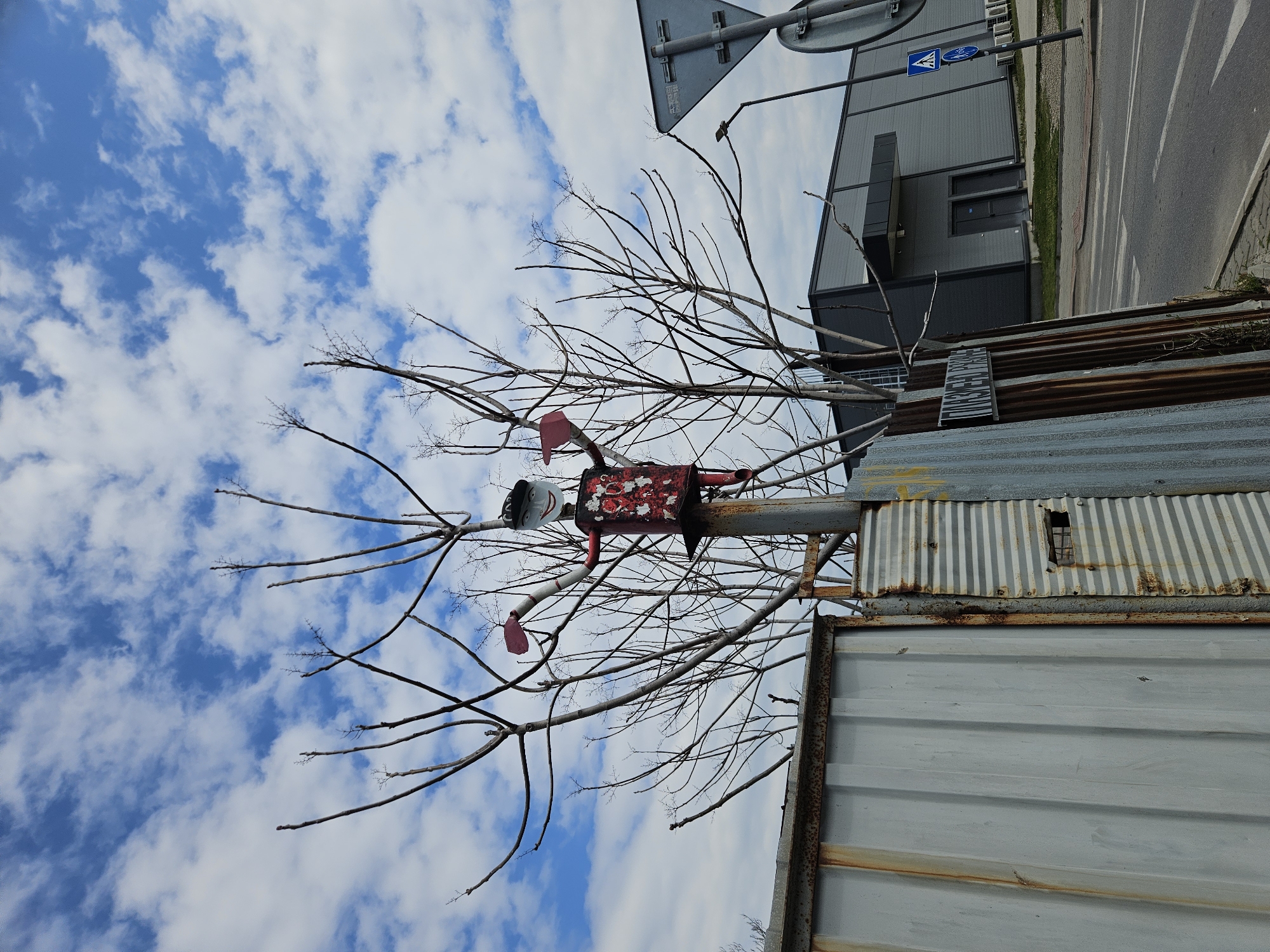 The image shows a roadside scene in Yambol, Bulgaria. A bare tree with numerous branches extends towards a blue sky filled with white clouds. Affixed to the tree is a metal sculpture of a person with a painted face and a red torso. The sculpture is connected to a vertical metal pole. Adjacent to the tree is a corrugated metal structure with a white metal panel below it. In the background, there's a building with a grey facade, visible street signs, and a portion of the road.
