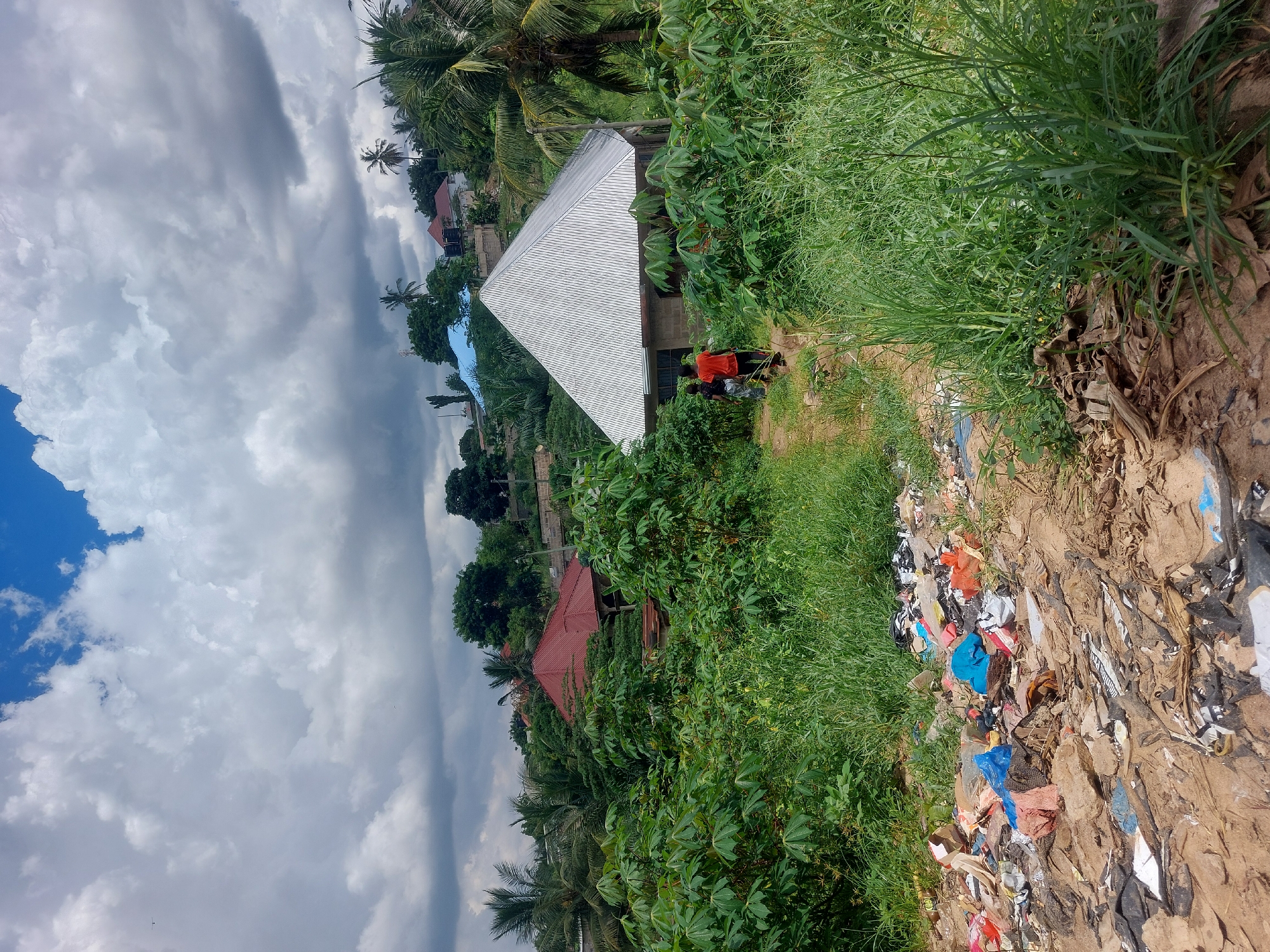 The image depicts an outdoor scene, possibly located in a developing area within Dar es-Salaam, Tanzania.
**Environment:** The landscape is characterized by dense, tropical vegetation including tall grasses, trees, and shrubs, interspersed with residential structures. The sky is partly cloudy, with some blue visible. There is a notable amount of discarded trash and debris accumulated along the foreground area, suggesting an issue with waste management.
**Structures:** Two distinct structures are visible. One is a building with a grey, corrugated metal roof. Another building with a red roof.
**People:** There are two visible individuals with reddish clothing and dark hair.
**Objects:** Other discernible objects include foliage, discarded trash and debris.