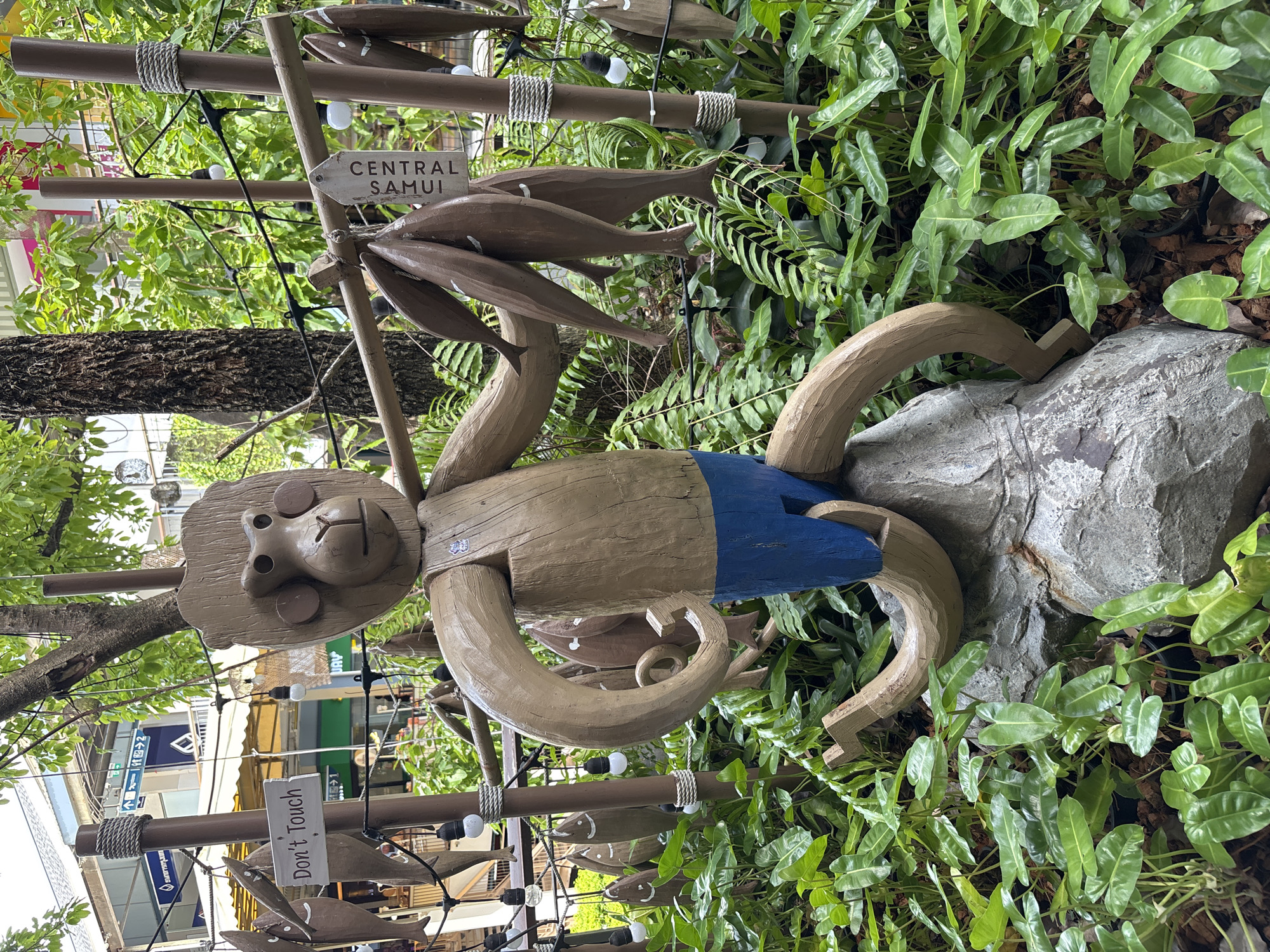 A wooden monkey statue, wearing blue shorts, sits on a rock amidst dense green foliage in บ้านบางรักษ์, Thailand. The monkey holds a pole with a bundle of wooden fish hanging from it. A sign reading "CENTRAL SAMUI" is attached to the pole. Another sign reading "Don't Touch" is also visible. Light bulbs are strung along the pole. Buildings are visible in the background.