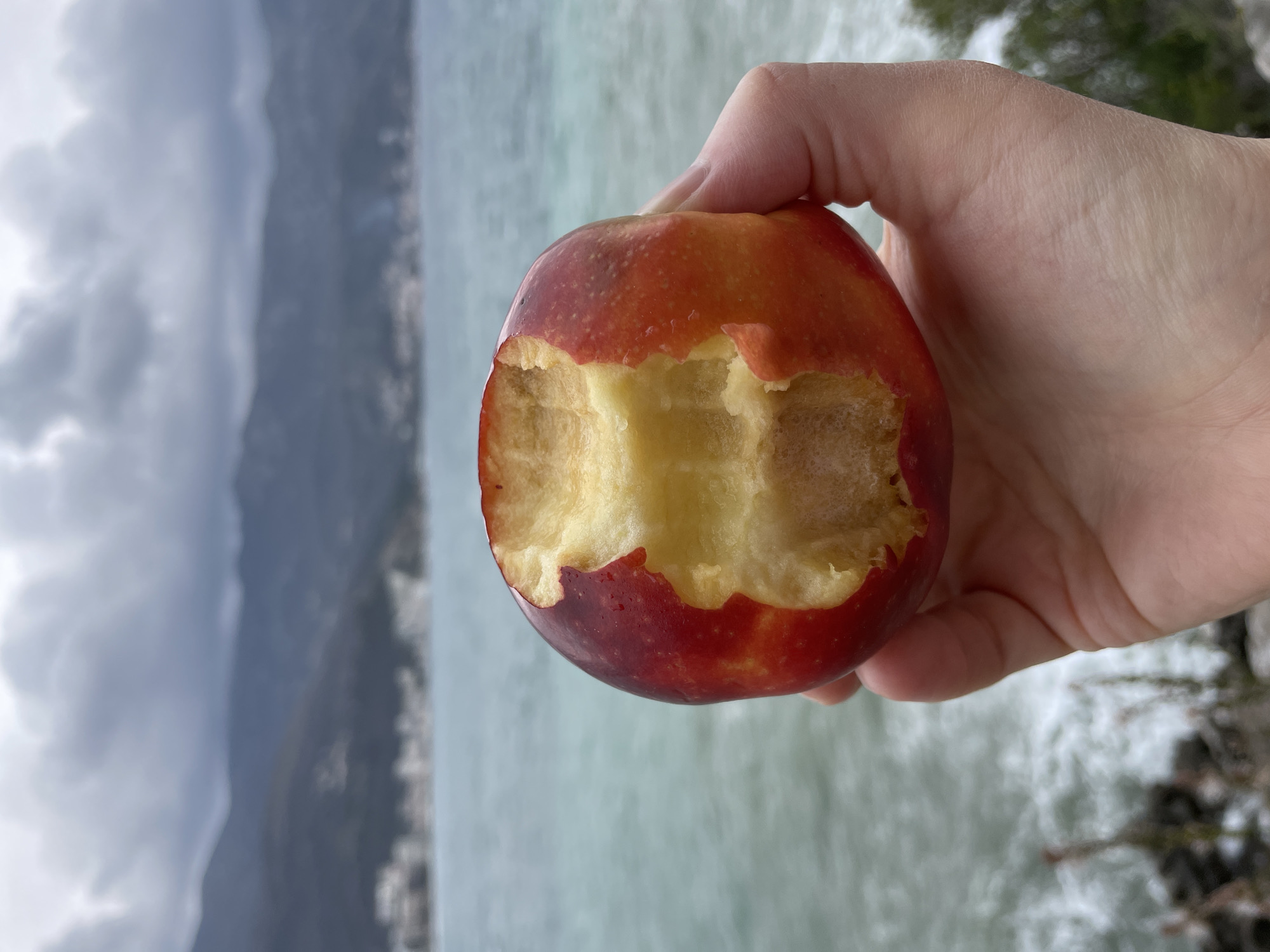 A partially consumed red and yellow apple is held centrally by a light-skinned right hand in the foreground. Multiple irregular bite marks expose the pale yellow flesh of the apple. The background is out of focus, depicting a turquoise-blue body of water, identified as the Adriatic Sea, with gentle waves visible. Beyond the sea, a blurry mountainous coastline extends under a heavily overcast sky composed of dark grey clouds. A faint line of white buildings is discernible at the base of the mountains along the coastline. This scene is located on the coast of Budva, Montenegro.
