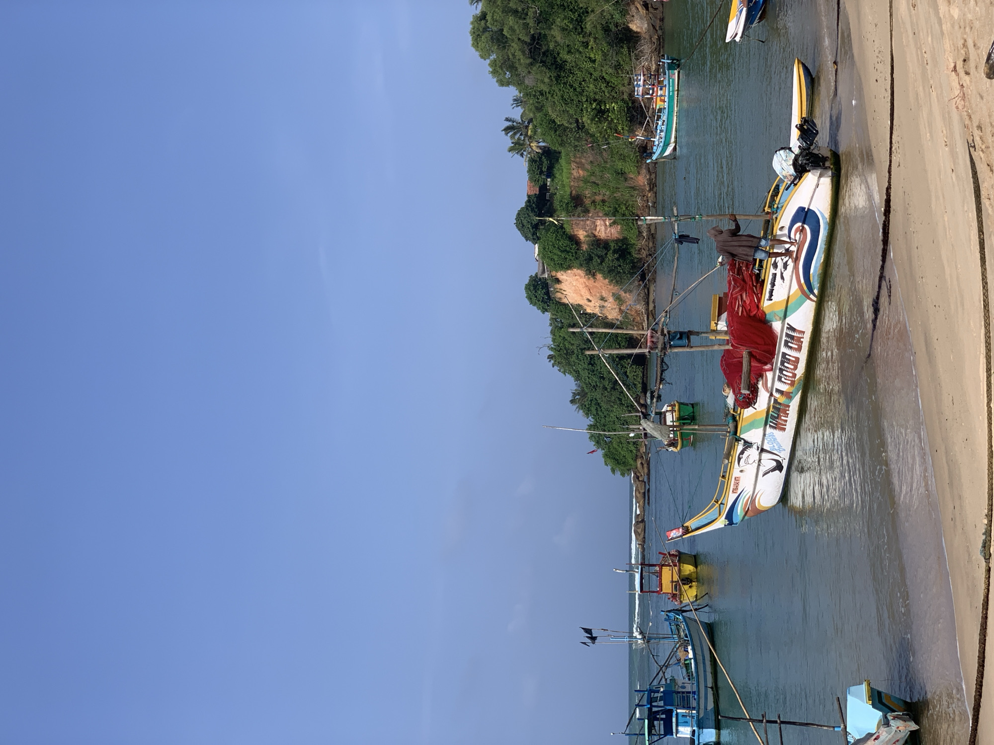 The image depicts a serene coastal scene in Mirissa, Sri Lanka, featuring several colorful fishing boats anchored in the calm, blue waters near a sandy beach. The boats, adorned with intricate designs and fishing nets, bob gently in the shallow sea, while a few are partially beached. A man in casual attire stands on one of the boats, seemingly attending to its equipment. The background is dominated by lush green vegetation covering a cliffside, with a few houses nestled among the trees. The sky above is a clear, bright blue, indicating a sunny day. The overall atmosphere is peaceful and idyllic, capturing the essence of a typical fishing village in a tropical setting.