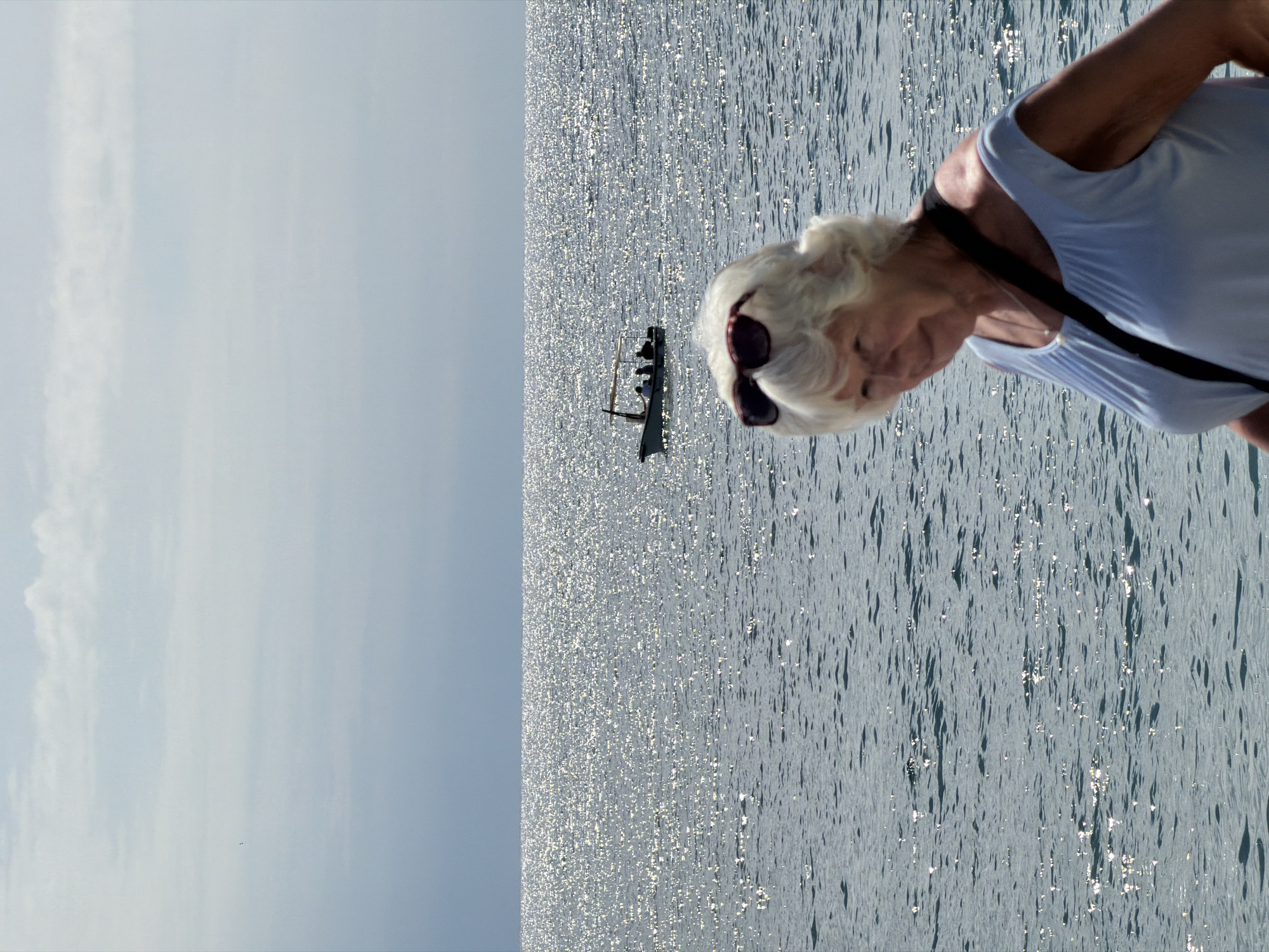 The image shows an elderly woman with white hair, wearing sunglasses and a light blue top with a black strap, looking down towards the water. In the distance, there is a small boat on a shimmering body of water, likely the Adriatic Sea. The background features a clear, light blue sky, suggesting a sunny day. Petrovac centar, Montenegro, is not specifically identifiable in the image, but the presence of a boat on the sea could indicate a coastal location consistent with Petrovac.