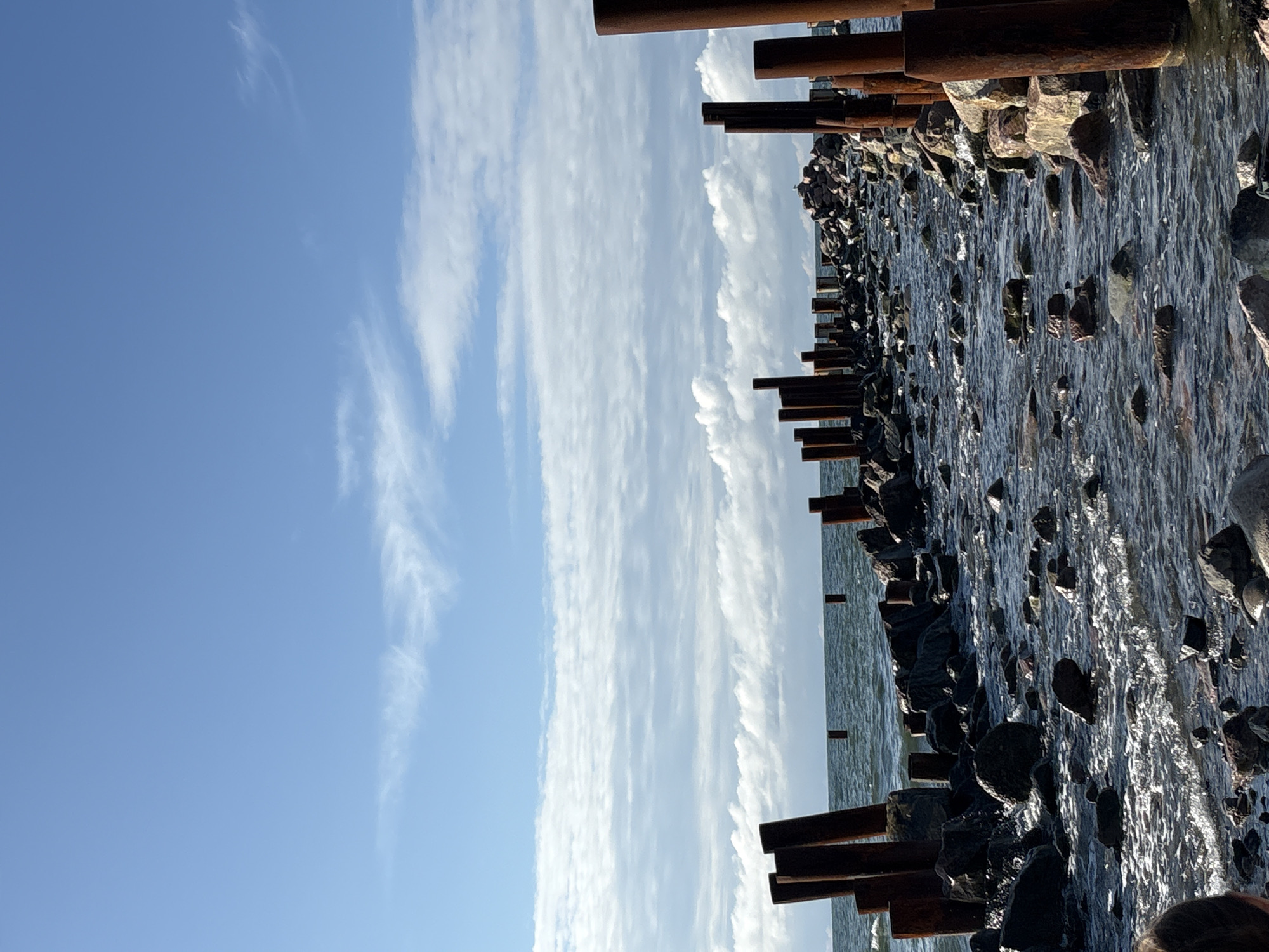 This media file depicts a view of the Baltic Sea from a rocky shoreline with some metal pilings. The sky is a clear blue with wispy white clouds, suggesting it is daytime with fair weather. The sea is dark and choppy, reflecting the light and creating a textured surface. The shoreline is composed of numerous dark, angular rocks, some of which are partially submerged in the water. Metal pilings, appearing rusty and weathered, are scattered along the edge of the water, suggesting a man-made structure like a pier or breakwater. The image is oriented vertically, with the sky occupying the left half and the sea and shoreline on the right. No people are clearly visible, although a small portion of a person's head and shoulder can be seen in the bottom right corner, looking out towards the sea. The overall mood is serene and natural, with a hint of industrial presence from the pilings. No text is visible in the image. The location context of Svetlogorsk, Russia, implies a coastal setting on the Baltic Sea.