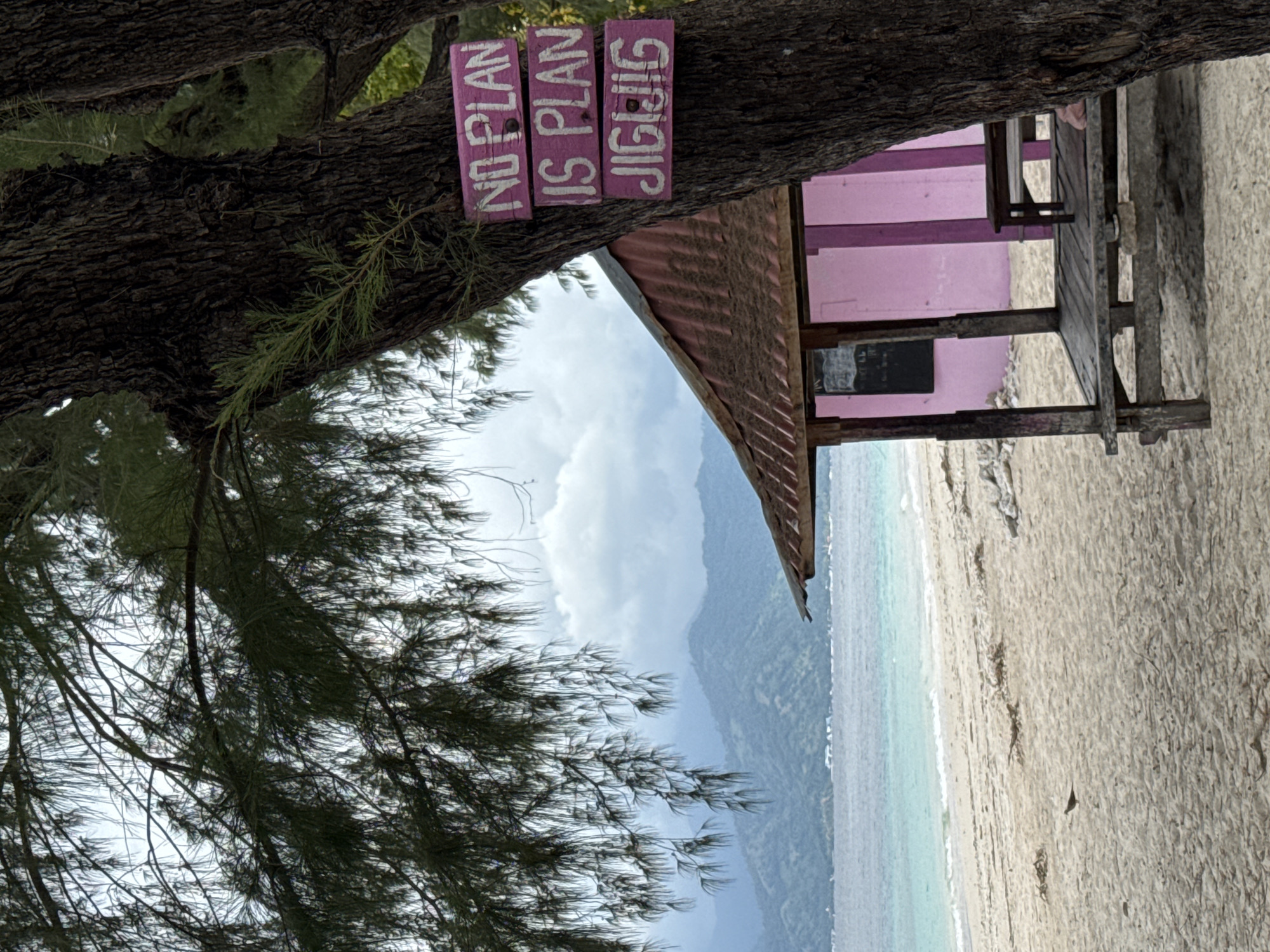A beach scene in Unknown, Indonesia, is framed by the lower branches of a tree on the left and a pink beach hut on the right. The tree's branches obscure the view slightly, but they frame a set of three pink signs nailed to the trunk. The signs read "NO PLAN," "IS PLAN," and "JIGJIG" in white letters.
The beach hut, painted in shades of pink with horizontal stripes, has a rusty brown roof and a small, dark window. A small wooden porch extends from the front of the hut.
The background features a light blue ocean, a sandy beach, and mountains fading into a cloudy sky. The sand is a light tan color, and small waves gently lap the shore. The mountain range in the distance is hazy and blends with the overcast sky. The orientation of the photograph is sideways with the tree and signs above the pink hut and the beach and ocean.