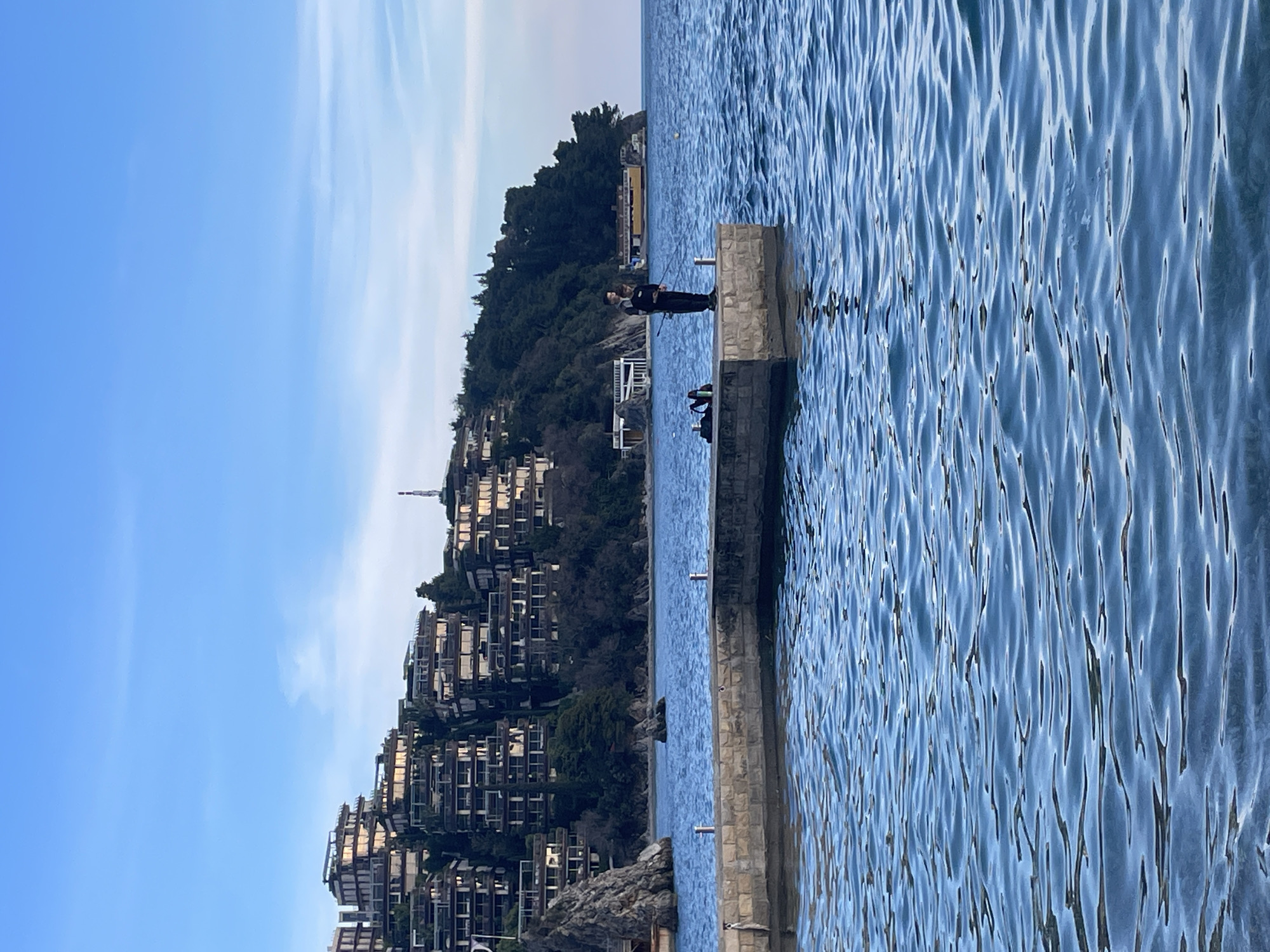 The scene depicts a coastal area in Budva, Montenegro, facing the Zavala Peninsula and its Dukley Gardens complex. In the foreground, a stone-clad concrete pier extends into calm, blue-green seawater. Two individuals are present on the pier. One person, wearing dark clothing, stands upright, holding a fishing rod with its line extended into the water. A second person, similarly dressed in dark attire, is positioned directly behind the first. A black bag or container rests on the pier surface to their left. The background features a steep, tree-covered hillside populated by multiple modern, multi-story terraced residential buildings with prominent balconies. To the far right, additional white and yellow structures are visible along the distant shoreline, with a small rock outcrop in the water. The sky is clear blue with minimal high-altitude clouds.