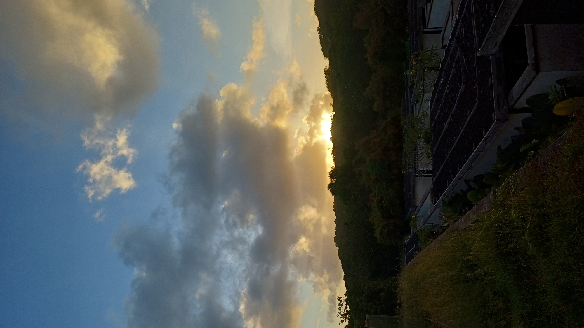 The image shows a sunset scene in Kuta Selatan, Indonesia. The sky is partially cloudy, with some clouds illuminated by the setting sun, casting a golden glow. A forested hillside is silhouetted against the bright sky. To the right of the hillside, part of a building with what appears to be terraced garden planters is visible. Overgrown vegetation is visible in the foreground.