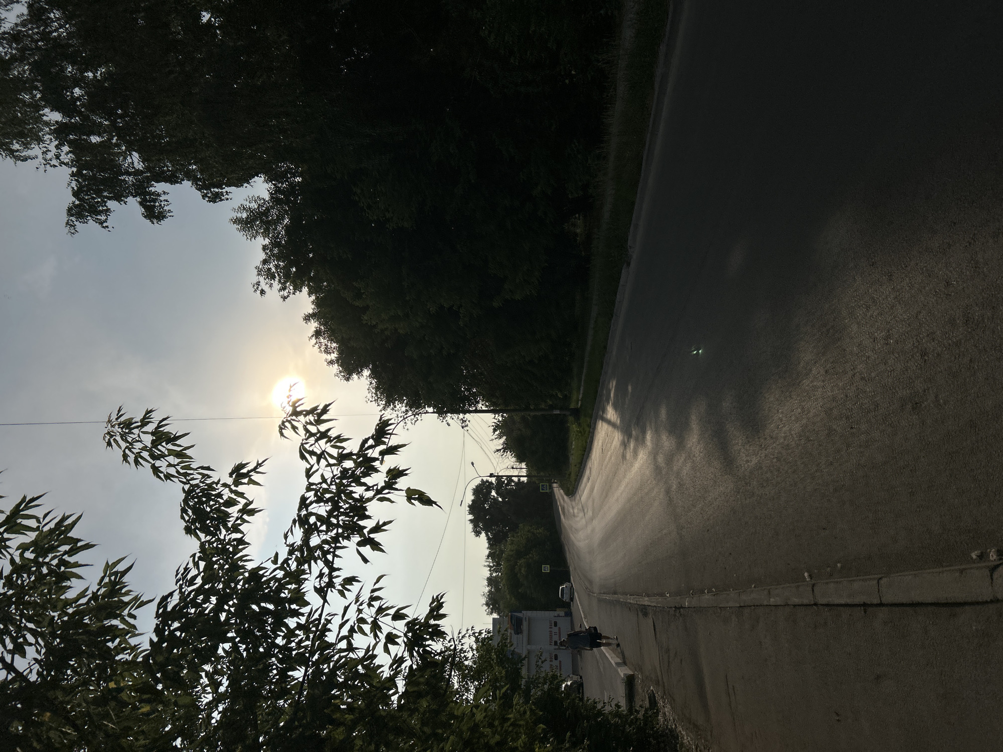 The image shows a road running through a tree-lined area. The sun is visible in the sky, casting a bright light and creating a sun flare. The road appears to be asphalt and is wet in places, reflecting the light. There is a sidewalk or pedestrian path next to the road.
In the foreground on the left, there are branches and leaves of trees, silhouetted against the bright sky. The trees continue along the side of the road, forming a dense canopy. In the background, there are more trees and what appears to be a building with some windows. There are also lampposts and a couple of pedestrian crossing signs visible along the road.
Further down the road, a person is walking on the sidewalk, dressed in dark clothing. A white vehicle is parked or stopped on the side of the road.
The time of day appears to be either sunrise or sunset, given the low angle of the sun and the bright light it emits. The weather seems clear, with a bright sky. The scene suggests an urban or suburban environment with significant greenery.
There is no visible text in the image that can be clearly read. The overall mood is serene, with the natural elements of trees and sunlight contrasted with the man-made road.