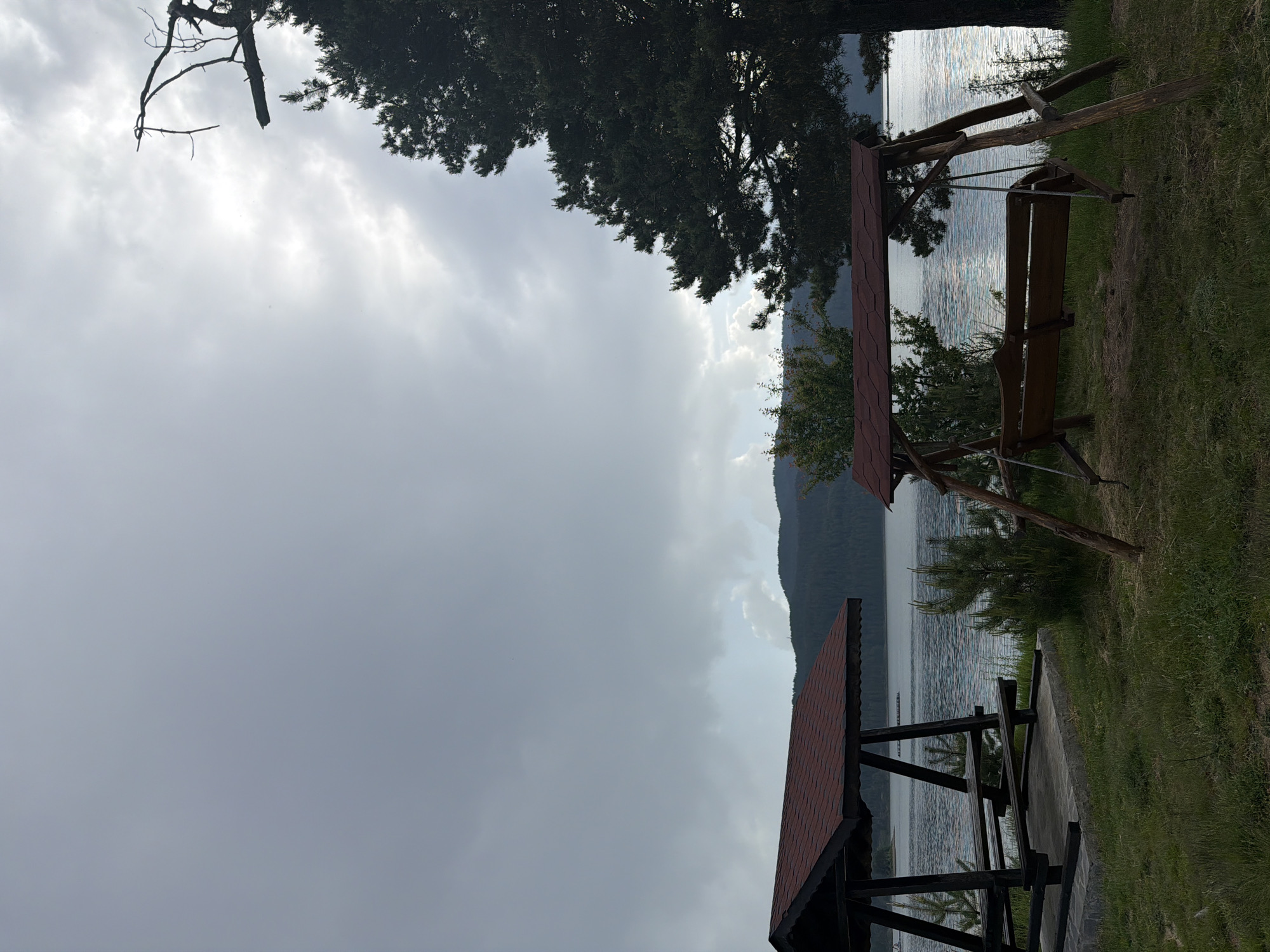 This image captures a serene lakeside scene in Dospat, Bulgaria, under an overcast sky. The foreground features two dark-stained wooden structures with red-tiled roofs, set on a grassy bank beside a large body of water, likely Dospat Dam. To the left, a picnic shelter with a concrete base contains a picnic table and benches. To the right, a matching wooden swing set with a bench swing is positioned. A prominent, dark conifer tree dominates the right side of the frame, extending vertically and partially obscuring the sky and distant features. Smaller green shrubs and young trees are scattered between the structures and along the water's edge. The lake surface displays ripples and reflects the subdued light from the cloudy sky, which shows varying shades of gray with brighter patches suggesting filtered sunlight. In the background, dark, forested mountains line the far shore of the lake. No individuals are present in the scene.