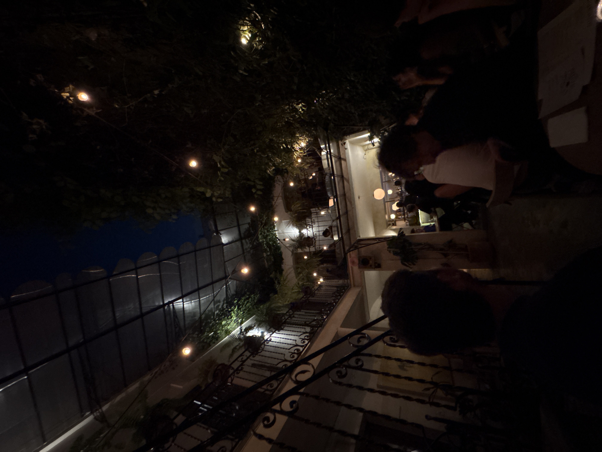 The image depicts an outdoor seating area in Mexico City, Mexico at night. The seating area is decorated with string lights. In the foreground, two people are seated at a table. One person is wearing a white shirt. The area has vegetation and metal railings.