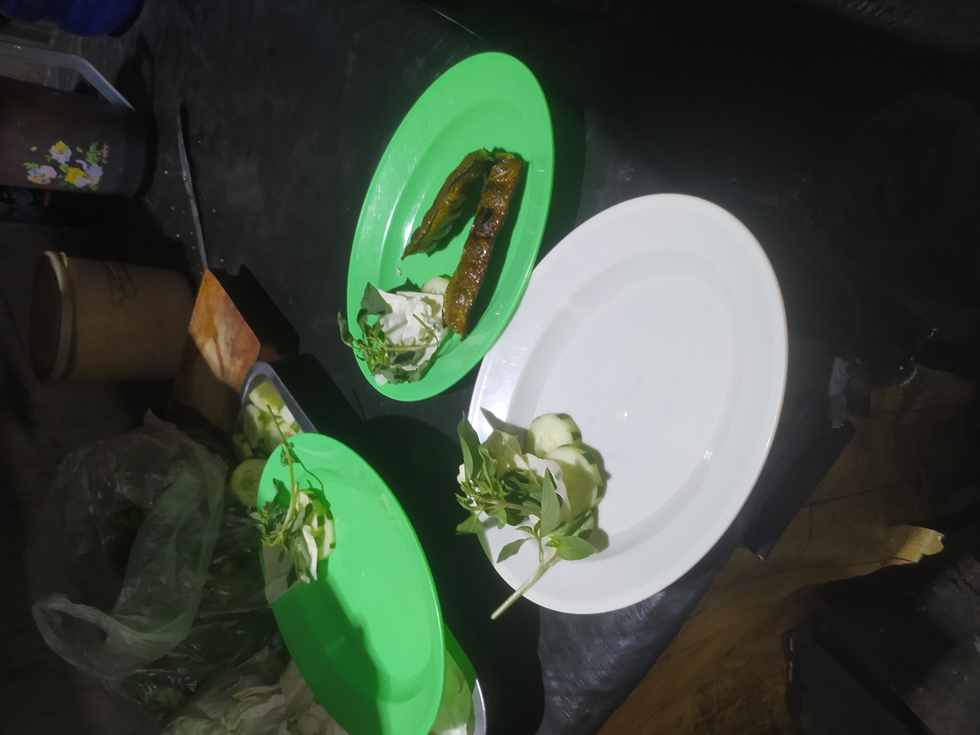 The image shows a close-up, overhead view of a dark, possibly outdoor, food preparation area. Three plates are visible on a dark surface. A large white oval plate is in the foreground, containing a small pile of fresh green herbs and sliced cucumbers. To the left and slightly behind the white plate is a bright green oval plate with more sliced cucumbers and herbs. Further to the right and behind this green plate is another bright green oval plate with two pieces of cooked, dark brown food, likely fried or grilled, and a small garnish of herbs and cucumber slices. In the background, a crumpled clear plastic bag is filled with green vegetables, and behind that are a beige container and a patterned pitcher. The lighting is dim, with some shadows and highlights, suggesting it might be evening or indoors with artificial lighting. The overall scene depicts food being plated or prepared, possibly for serving.