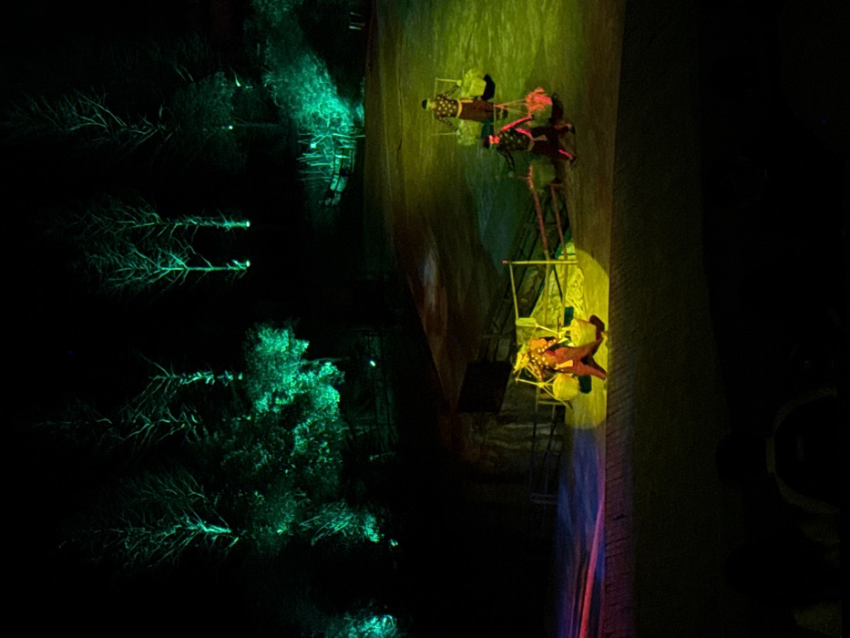 This image depicts an outdoor night performance taking place in Wulong District, China. Four individuals, presumed to be performers, are observed on a stage area brightly illuminated by yellow and green spotlights. Each performer wears dark attire with a patterned top and carries items suspended from a shoulder pole. The leftmost performer carries two light-colored buckets. The two central performers carry baskets, one with green contents and another with reddish contents. The rightmost performer carries two reddish items in baskets. The performers are walking from left to right across the stage. The background features natural terrain, including dark rock formations and trees, which are vividly illuminated with green light against the dark night sky. Fencing and structures are visible in the mid-ground behind the performers.