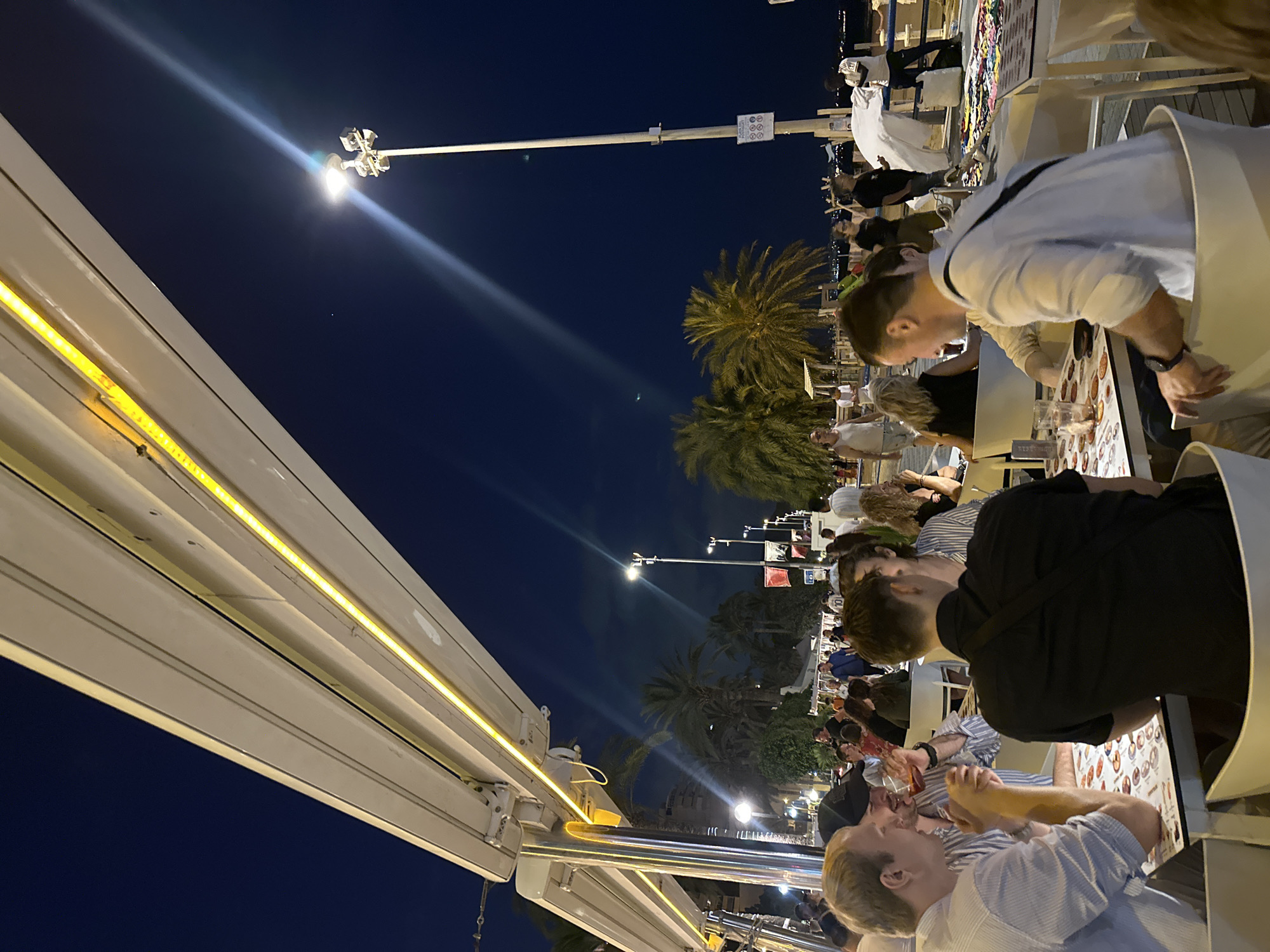 The image shows a group of people dining at an outdoor restaurant at night. The restaurant appears to be located on a promenade near a beach or waterfront, with palm trees and streetlights visible in the background. The sky is dark blue, indicating it is nighttime. Several tables are occupied by diners, and food and drinks are present on the tables. The overall scene depicts a lively, social atmosphere at a seaside restaurant.