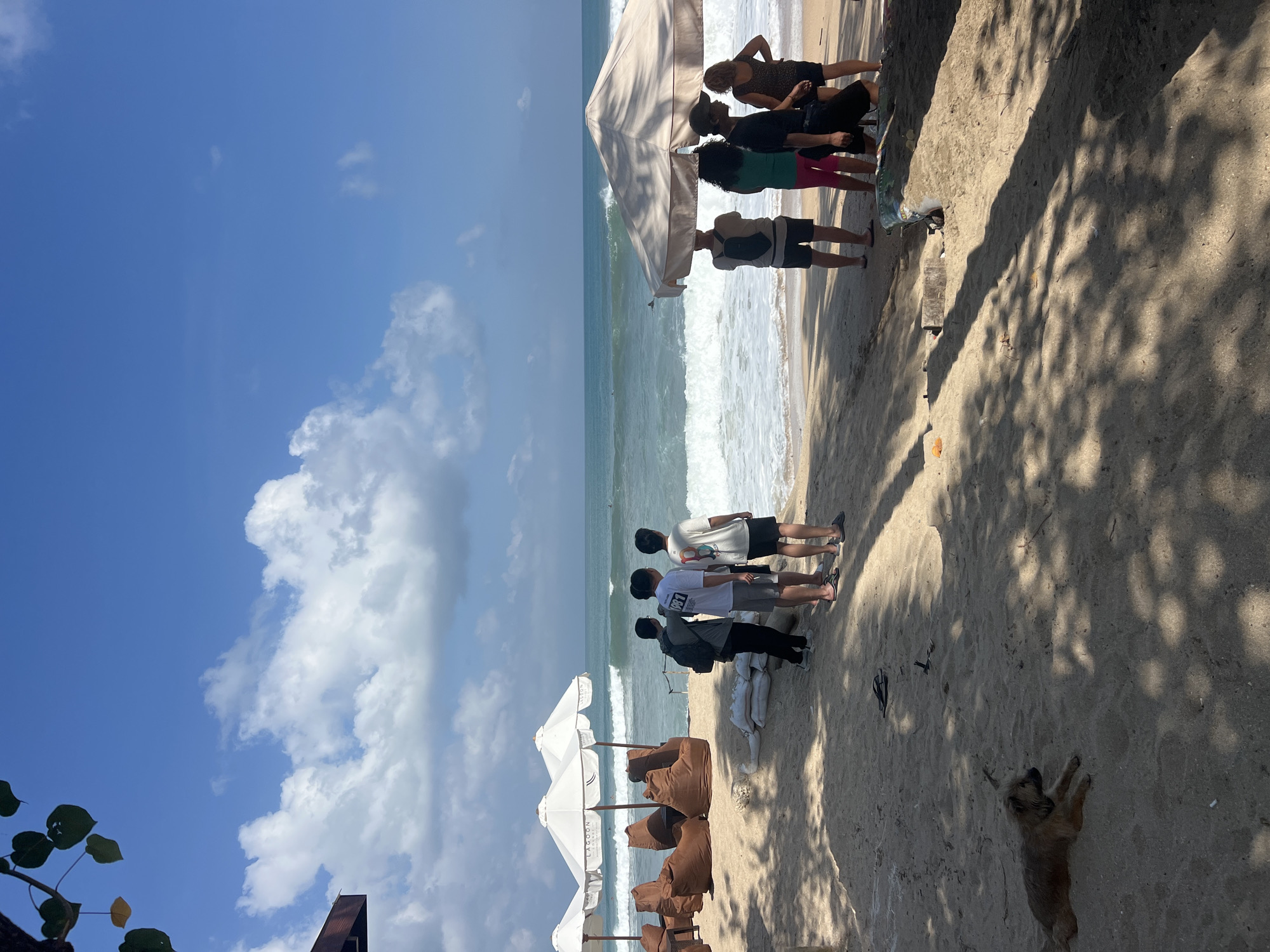 A group of seven individuals stands on a sandy beach in Kuta, Indonesia, facing the ocean under a bright blue sky with scattered clouds. To the left, three white umbrellas shade beanbag chairs. In the center, five men are gathered, with one wearing a backpack and another a white t-shirt with graphics. To the right, under a large beige umbrella, four people are clustered, two women and two men. A small brown dog lies on the sand in the foreground, casting a shadow from nearby trees. The ocean in the background has moderate waves, and surfers are visible in the distance. The scene appears to be a relaxed beach setting, possibly a resort or cafe.
