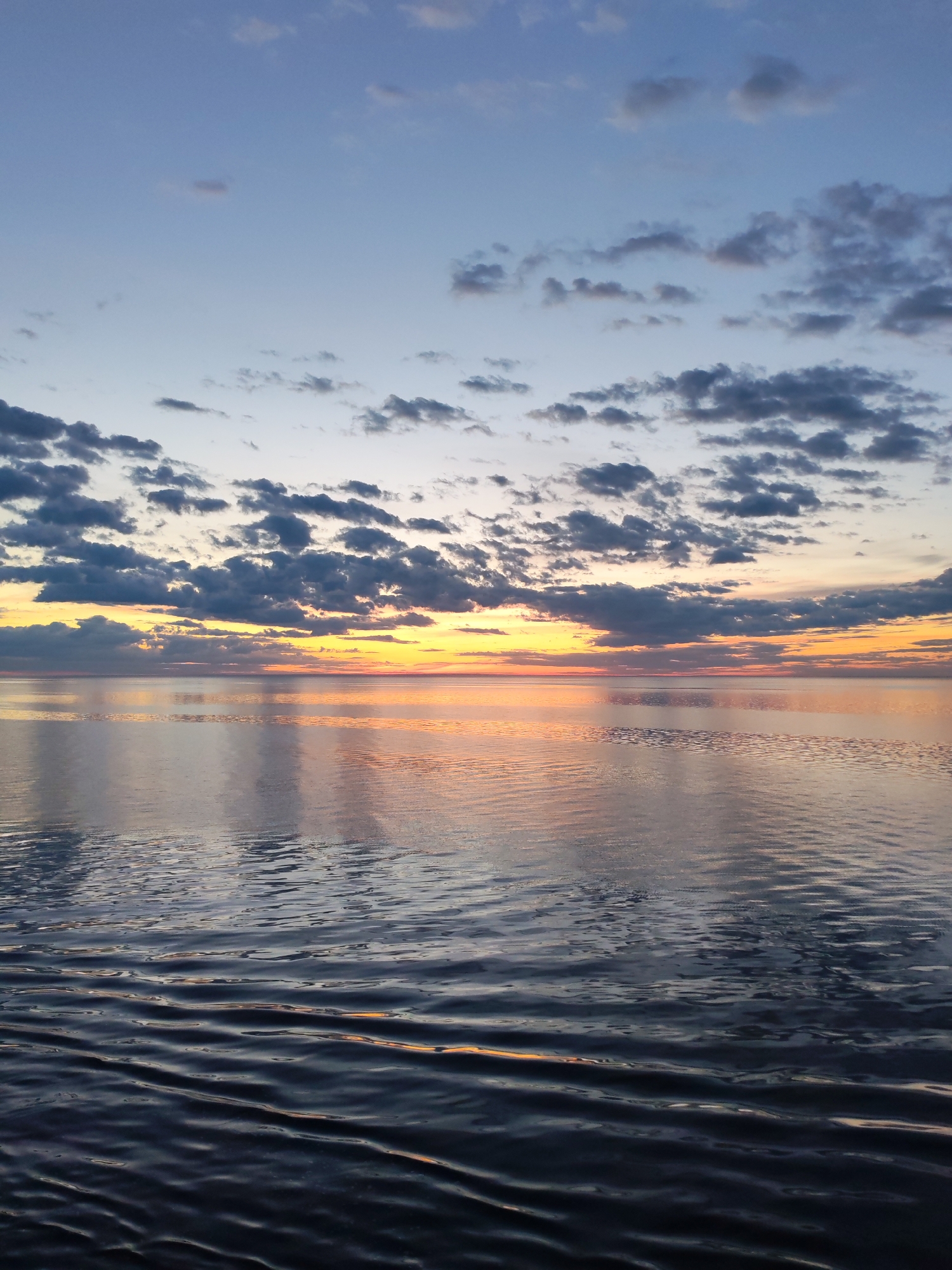 The image captures a serene scene of a body of water, possibly a lake or the sea, under a colorful sky at either sunrise or sunset. The sky transitions from a pale blue at the top to a mix of orange, yellow, and pink closer to the horizon. Clouds, predominantly gray with some hints of orange, are scattered across the sky. The water reflects the colors of the sky, creating a mirror-like effect, with gentle ripples visible on the surface. The ripples are more pronounced in the foreground, suggesting a closer proximity to the viewer's vantage point. Based on the metadata, the location is Bol'shie Mkhi, Russia, though the image does not provide any specific urban or geographic features to confirm this. The overall scene is peaceful and dominated by natural elements. There are no discernible people or man-made objects in the frame.