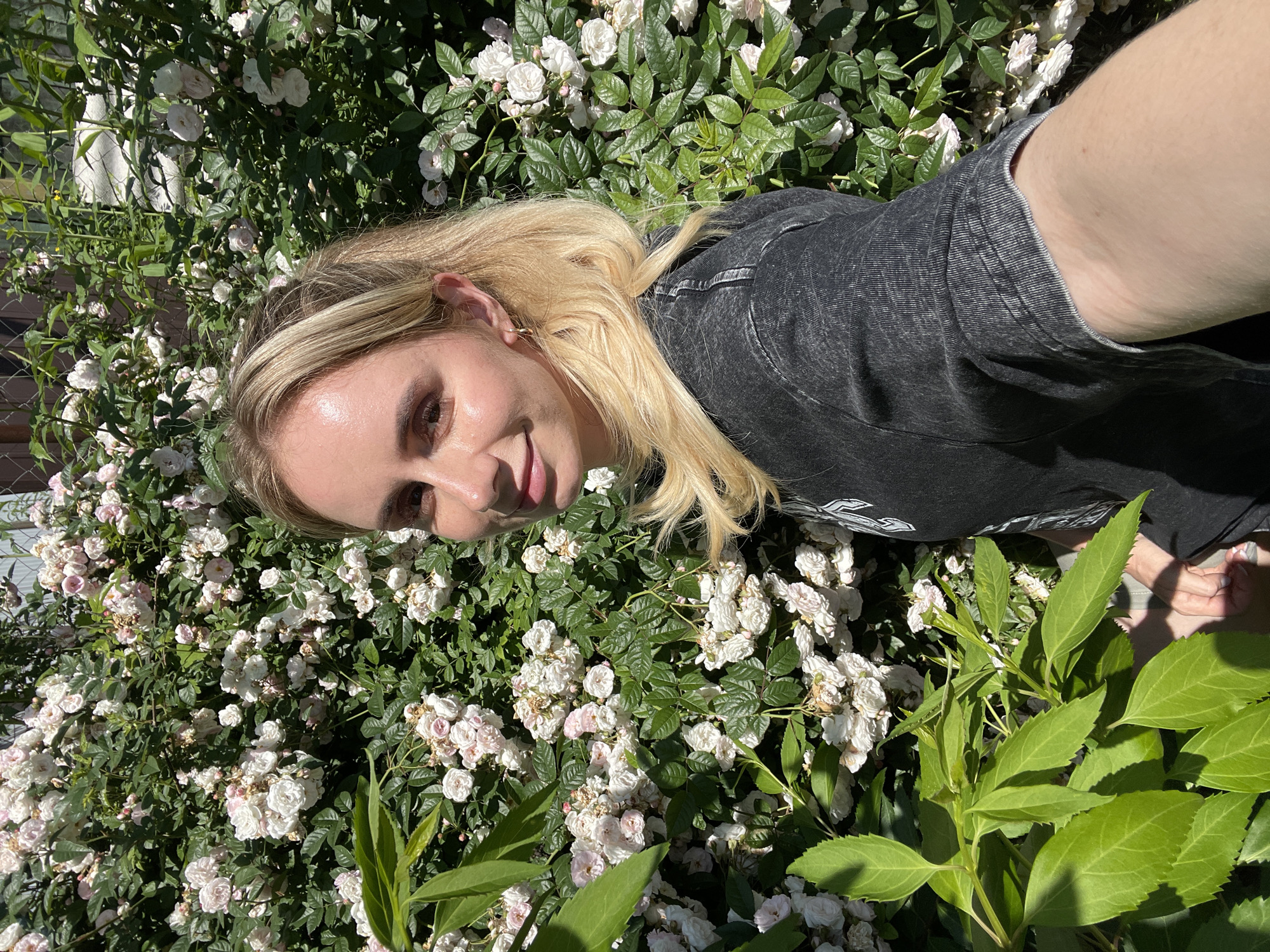 A young woman with blonde hair pulled back into a ponytail, wearing a dark grey t-shirt, is captured in a selfie in front of a dense bush of light pink and white roses. The roses are in full bloom, creating a vibrant and natural backdrop. Green leaves from the rose bush and another plant in the foreground fill the frame, creating a lush, garden-like environment. The lighting suggests a sunny day, casting shadows on the leaves and highlighting the woman's features. The background shows a hint of a fence, suggesting this may be a garden or yard within a residential area. The location is identified as Yasnoe, Russia.