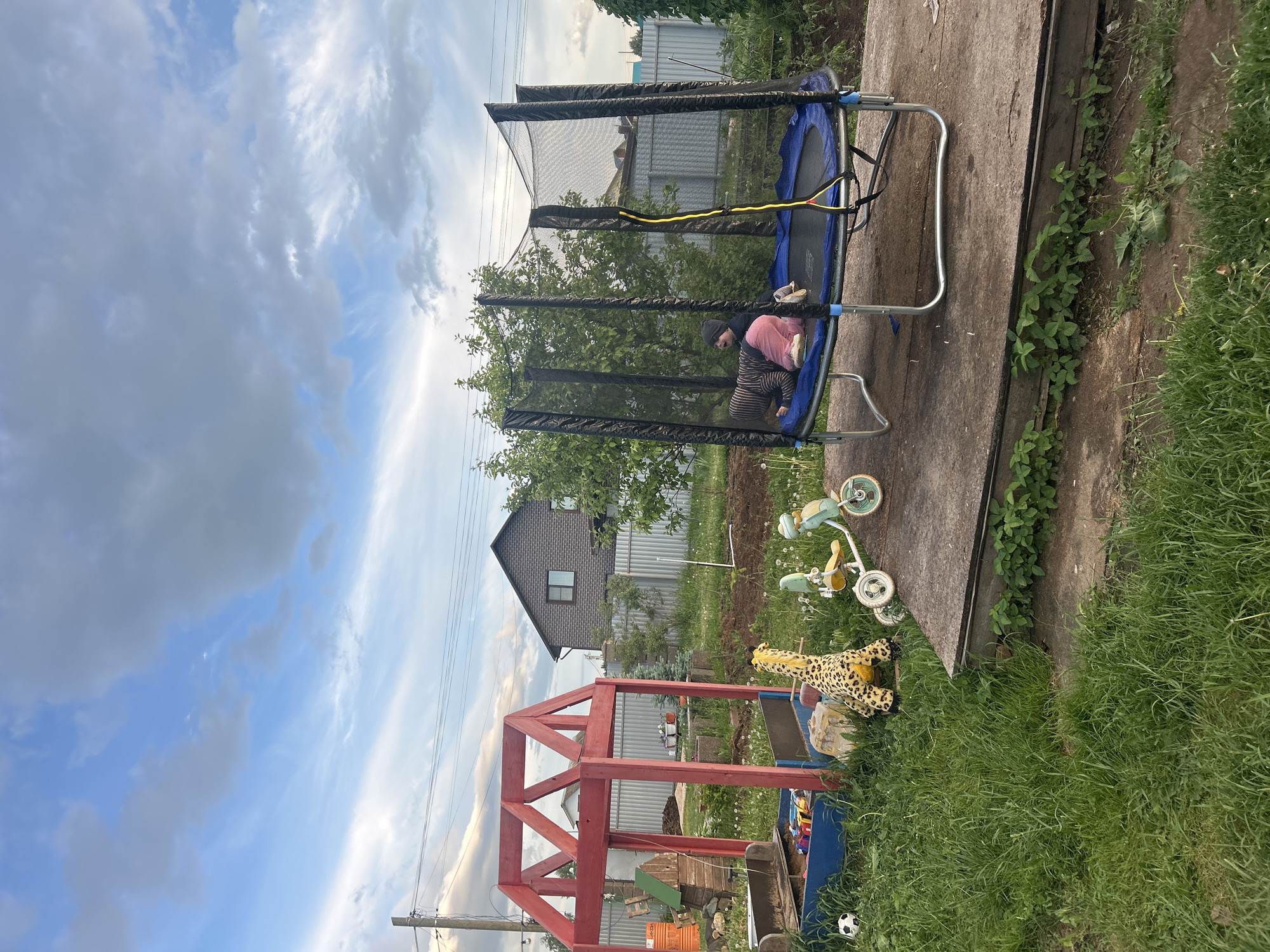 A trampoline with a safety net stands on a concrete slab, positioned in the background of a residential area in Ольховка, Russia. Adjacent to the slab, several children's tricycles and a stuffed cheetah toy sit on the grass. In the foreground, a red wooden structure, possibly part of a playground or sandbox, is visible, with miscellaneous toys and objects scattered around it. Beyond the structure, a house with a gray roof and brick facade is partially visible. Power lines extend across the top left portion of the frame, against a backdrop of cloudy sky.