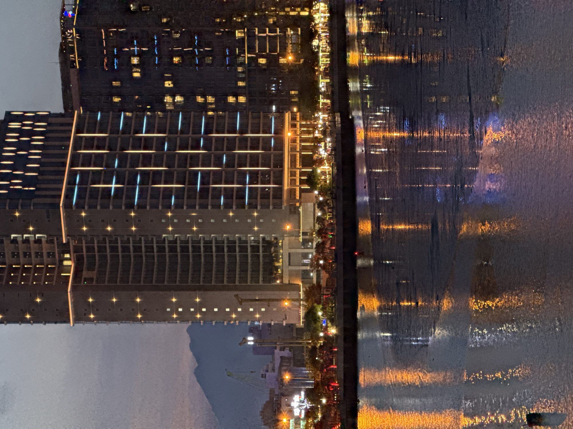 This is a nighttime, vertical shot of a city skyline along a waterfront in Da Nang, Vietnam. The scene is dominated by towering buildings with illuminated windows and decorative lights, reflecting on the calm water. The buildings are modern, with intricate patterns of light against their dark facades. One building features vertical blue lights, while others have horizontal lines of warm, orange light.
Along the waterfront, a promenade is visible, dotted with trees and more lights, suggesting an active area. A Ferris wheel and other amusement park lights are visible in the distance, indicating an entertainment district. The presence of cranes suggests ongoing construction or port activity.
The time of day is clearly night, with the artificial lights of the city providing the primary illumination. The sky is a dark, overcast grey, hinting at a cloudy or possibly rainy atmosphere, which would also contribute to the slightly diffused reflections on the water. The overall mood is vibrant and urban, with the city lights creating a sense of energy and activity despite the darkness. No people are clearly identifiable in the image. There is no visible text.