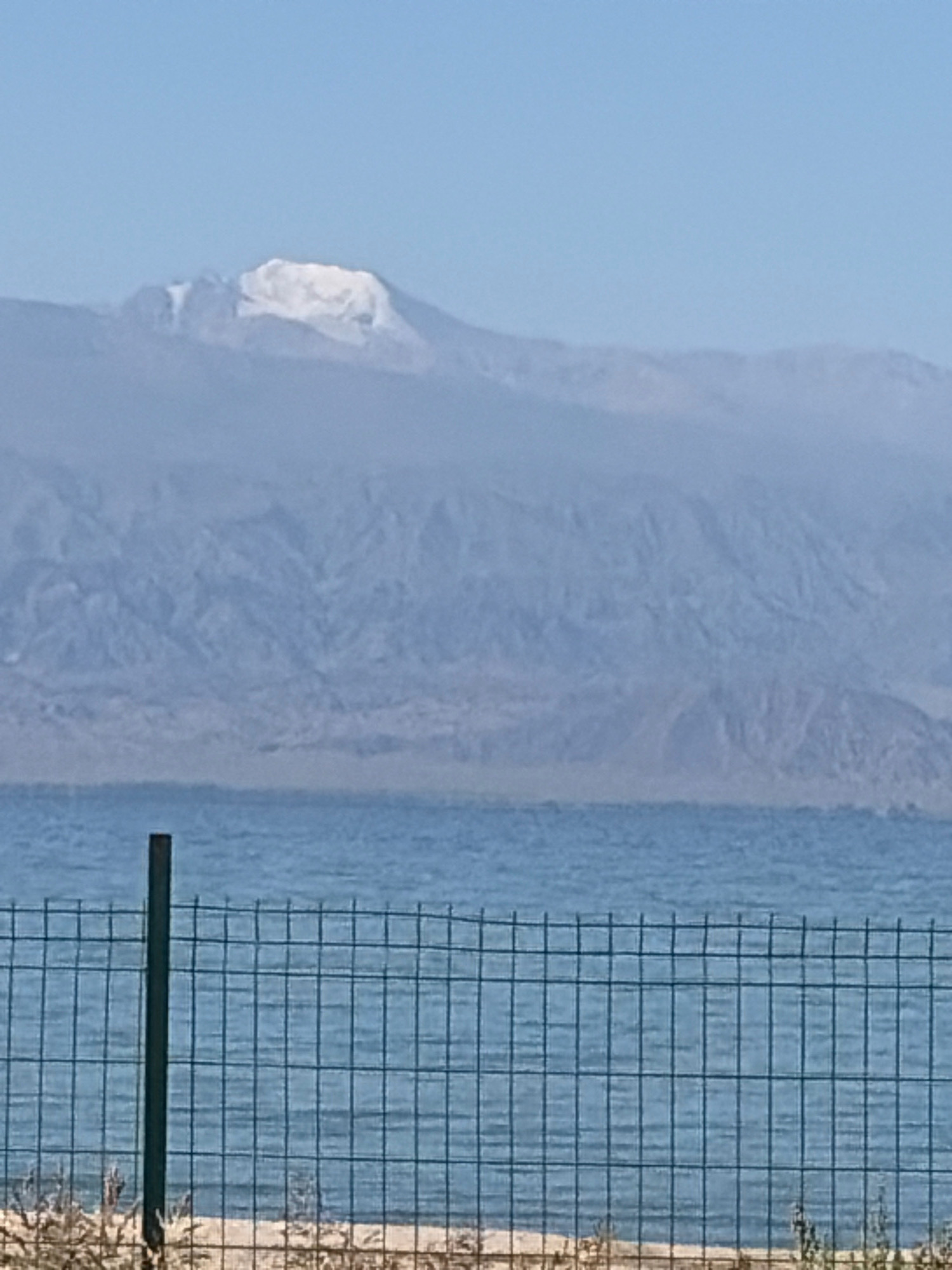 A distant shot shows a snow-capped mountain range under a clear blue sky. In the foreground, a body of water, possibly a lake or sea, is visible, with a wire fence in front of it. The fence is a light-colored mesh with vertical posts. Vegetation, likely dry grass and weeds, is present at the base of the fence. The overall scene is serene and natural.