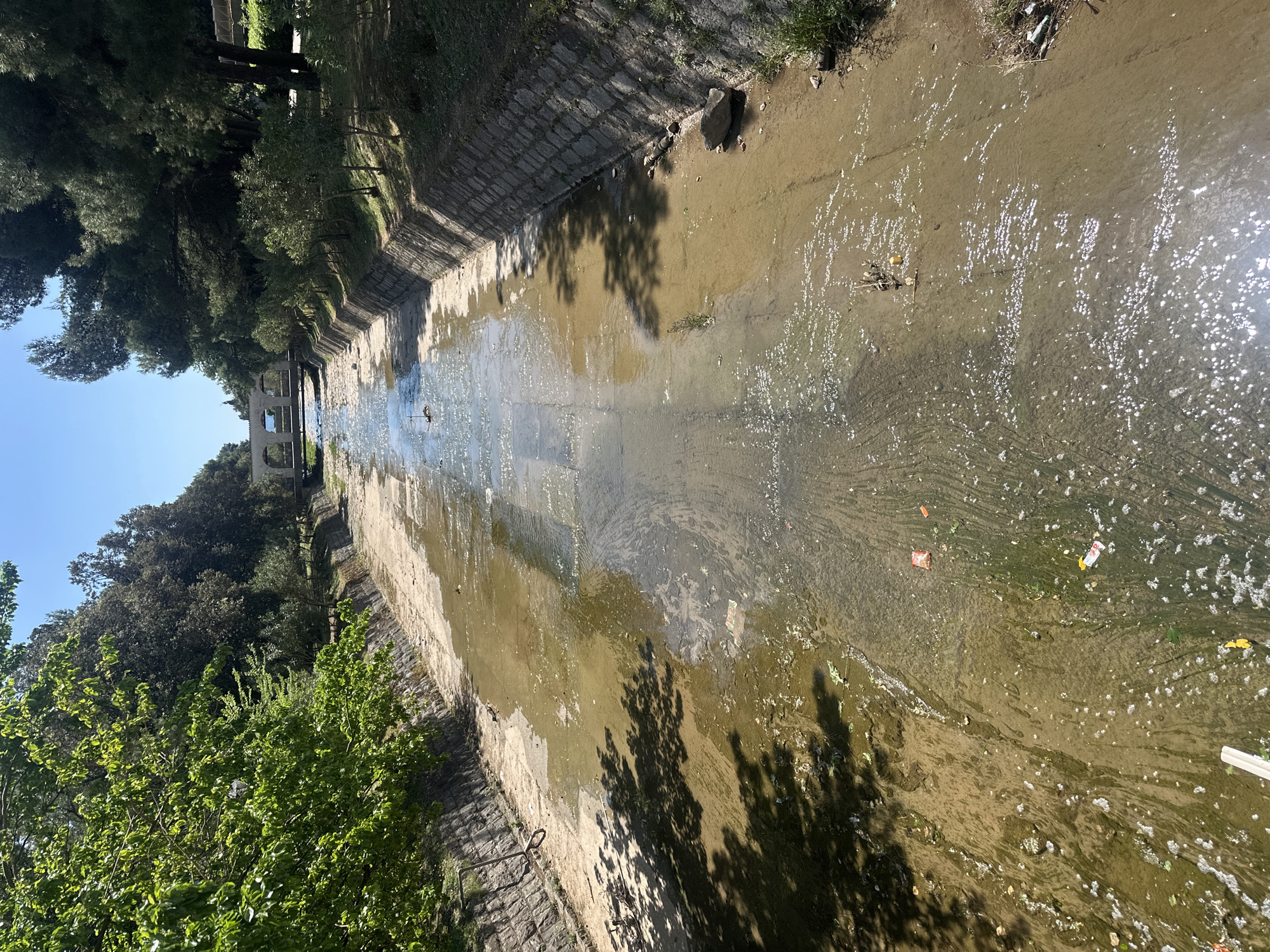 The image displays a channeled waterway or canal, identified as being in Budva, Montenegro, under clear, sunny skies. The main subject is a long, straight canal with banks constructed from weathered stone blocks. The canal bottom is largely exposed, covered in light brown mud and sediment, with shallow, murky water flowing through it. Bright sunlight glints off the water's surface, creating numerous sparkling reflections.
Both sides of the canal are lined with dense, lush green trees and bushes. These trees cast prominent, dark shadows across the water and the stone walls, suggesting it is either mid-morning or late afternoon. In the distance, an arched stone structure, resembling an old aqueduct or bridge, is visible spanning the waterway, partially obscured by the foliage.
Unfortunately, the water contains a significant amount of visible litter and debris, including plastic wrappers, foam pieces, and other refuse, indicating a state of neglect. No human activity or specific event is depicted; the scene is static. There is no discernible text visible in the image.