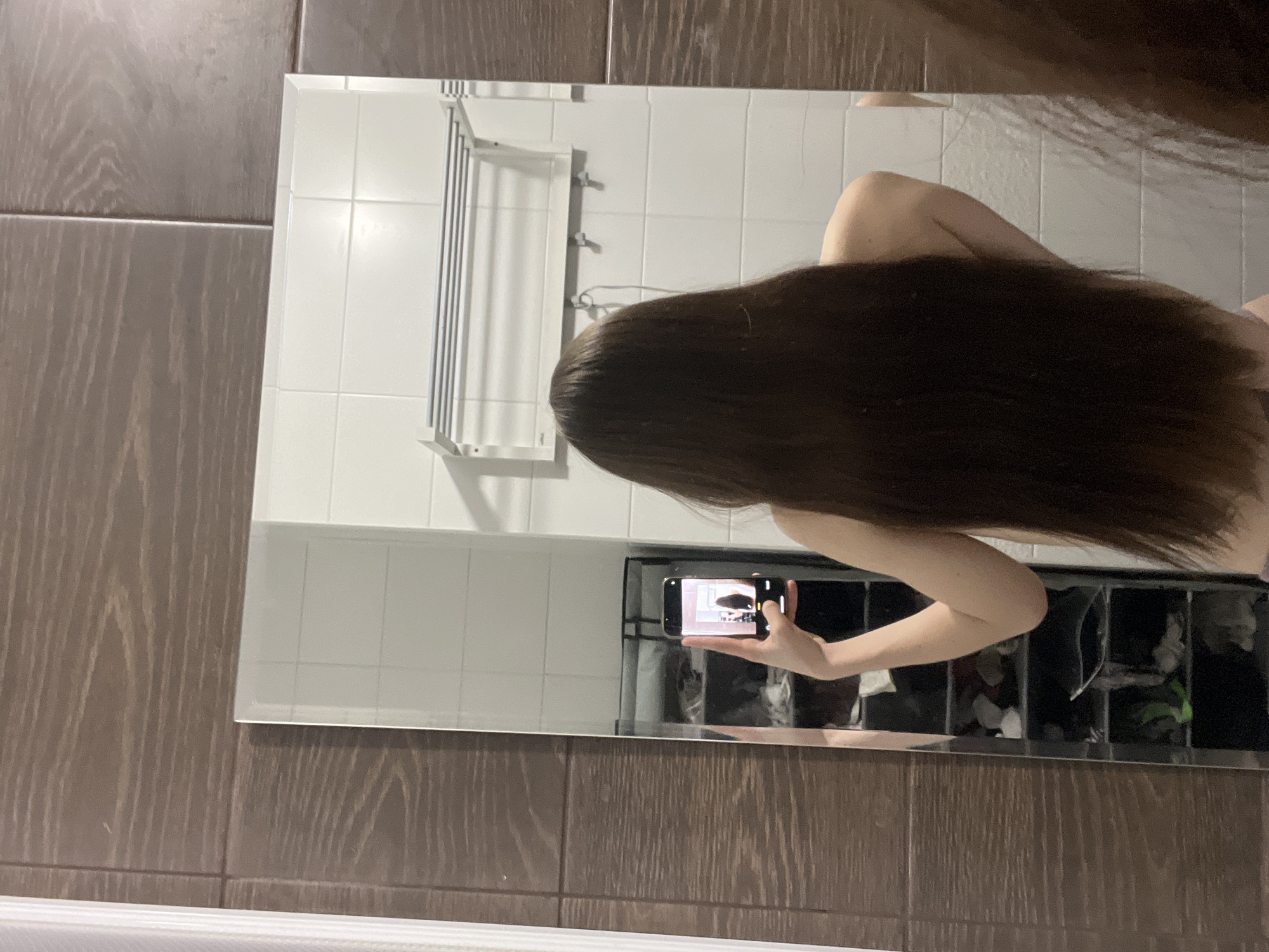 A person with long brown hair is taking a selfie in a bathroom mirror. The bathroom has white tile walls and brown wood-paneled walls. A towel rack is visible on the wall behind the person. A shelf with various items is visible below the mirror. The person is holding a smartphone and taking a picture of themselves. There is no information to locate the city of Saint Petersburg, Russia.