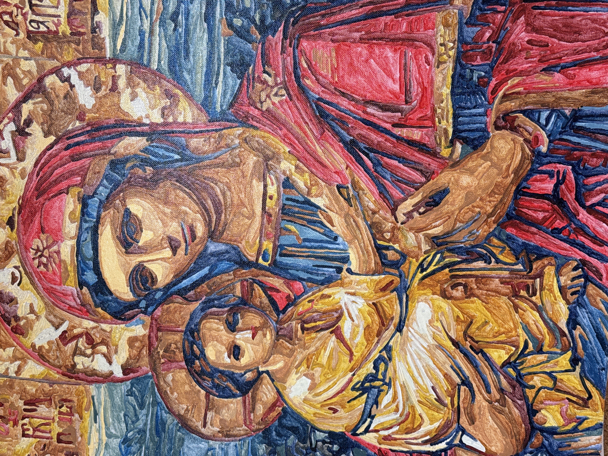 The image depicts a painting of Madonna and Child, styled in an orthodox iconographic manner. Mary is shown holding the infant Jesus. Mary is wearing a red head covering with blue detailing and a brown and peach-colored skin tone. The background features blue and red hues with symbolic, possibly religious, script on the left side. The painting is stylized, featuring distinct brush strokes and vibrant colors. The painting's location in the city of Pleven, Bulgaria, is not represented in the image.