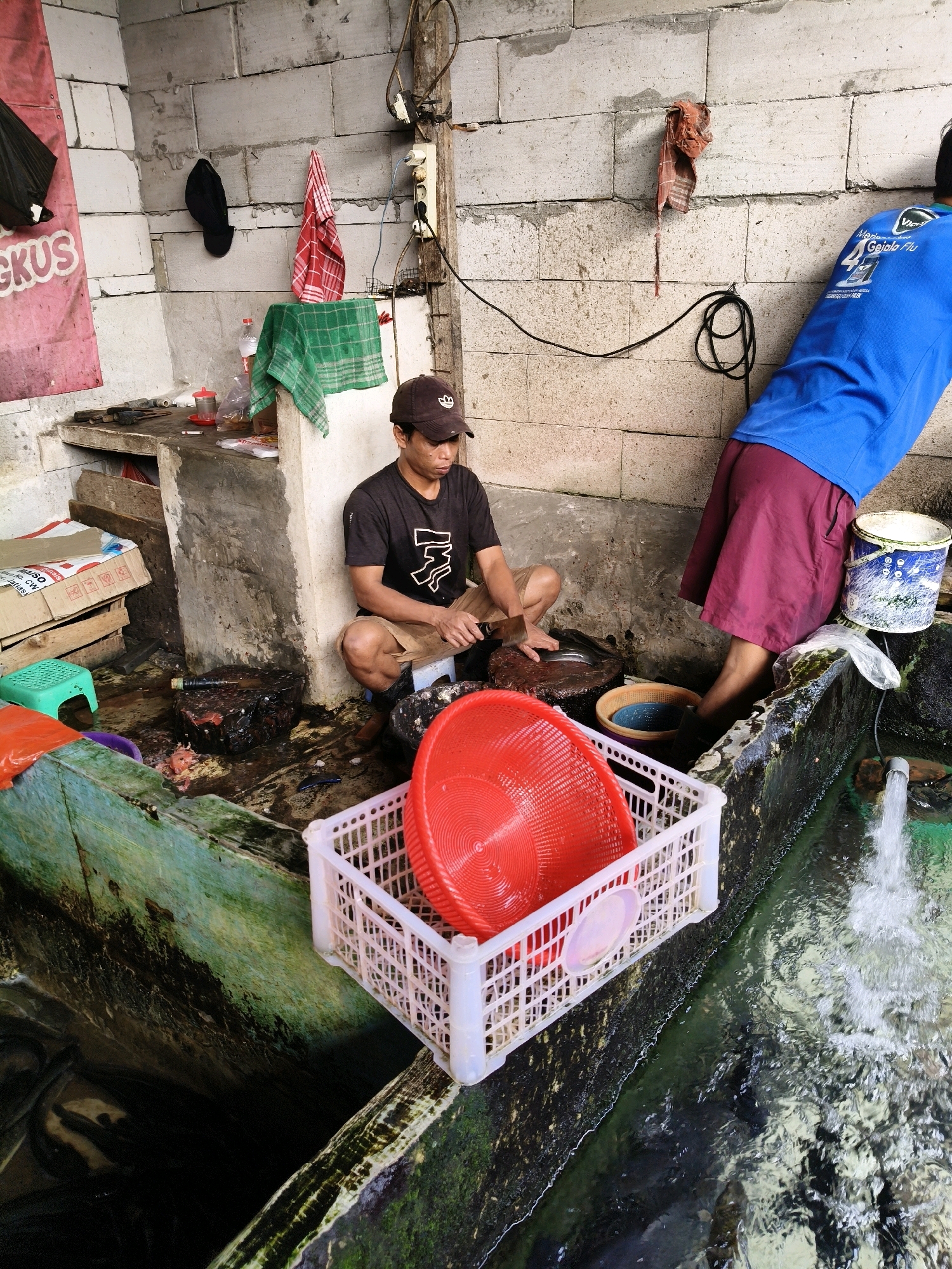 In a gritty, open-air market stall in Setiamekar, Indonesia, a man wearing a dark t-shirt and a brown baseball cap crouches on a stool, diligently chopping fish on a dark wooden cutting board. He is focused on his task, holding a large knife in his right hand, preparing the catch of the day. To his right, a second individual, wearing a bright blue t-shirt and a maroon skirt or sarong, leans into a murky, water-filled concrete trough, suggesting they are involved in the fish processing as well. The environment is utilitarian and somewhat unkempt, with a water-stained brick wall as the backdrop. Various items are scattered around: a red plastic basket containing another red lid sits prominently in the foreground, a white plastic crate is partially submerged in the water, and other containers, tools, and cleaning supplies are visible. The water in the trough appears to be actively flowing, with a pipe visible delivering fresh water. The overall impression is one of a functional, bustling fish market.