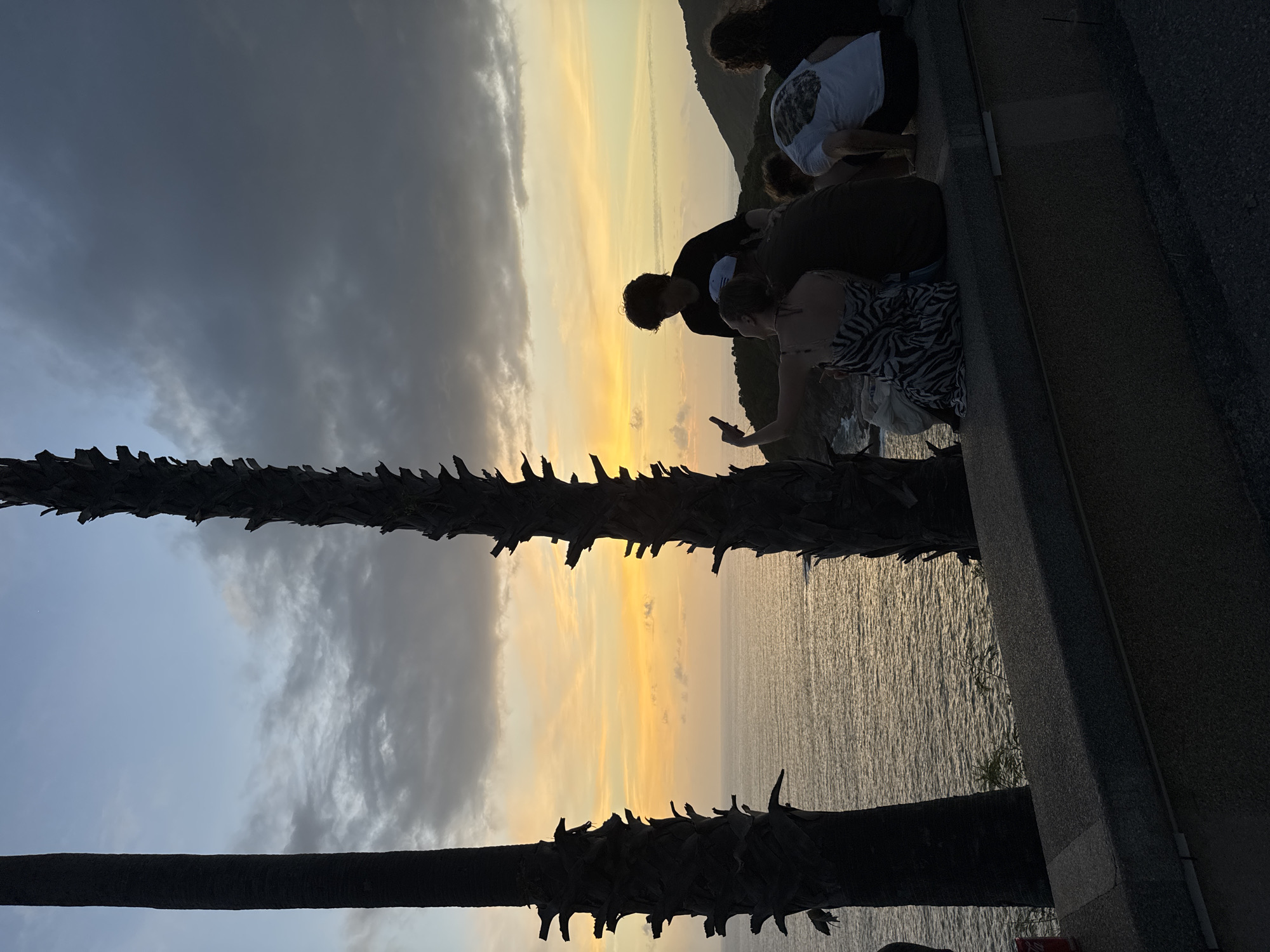 This is a photograph taken at sunset in Rawai, Thailand. Two large palm trees frame the view of the ocean and the sky, which is filled with soft yellow and orange hues, transitioning into darker grays and blues towards the top. A group of people are sitting on a concrete wall overlooking the water. One person in the foreground is taking a selfie with their phone. The ocean has a gentle ripple and reflects the colors of the sunset. The overall scene depicts a relaxed gathering enjoying the natural beauty of the location.