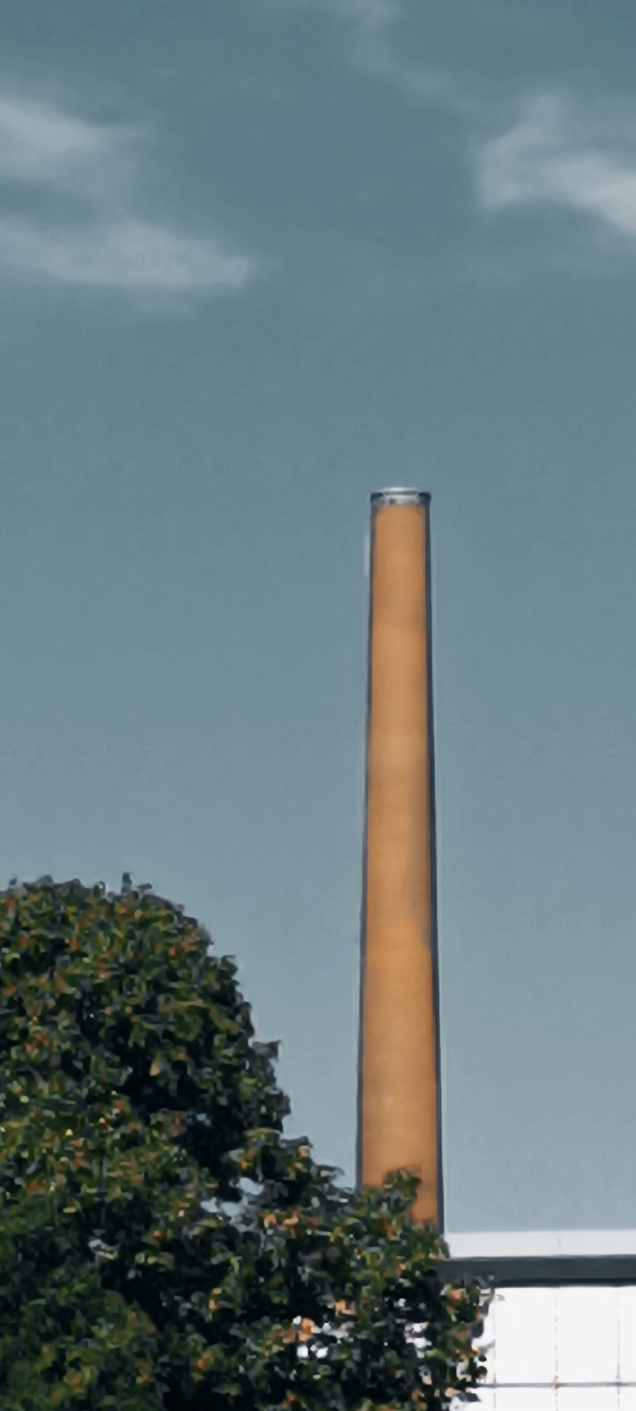 The image shows a tall, orange smokestack rising against a pale blue sky with soft white clouds. The smokestack has a slightly tapered cylindrical shape and a metallic rim at the top. In the lower left of the frame, the dark green foliage of a lush tree partially obscures the base of the smokestack. The tree appears to be full and healthy, with many leaves. A sliver of a building with a white facade and a dark horizontal element is visible at the bottom right of the image, suggesting the smokestack is part of an industrial or older building. The lighting suggests it is daytime, possibly late afternoon given the warm hue of the smokestack and the soft sky. The scene conveys a sense of quiet industrial presence. There is no visible text in the image.