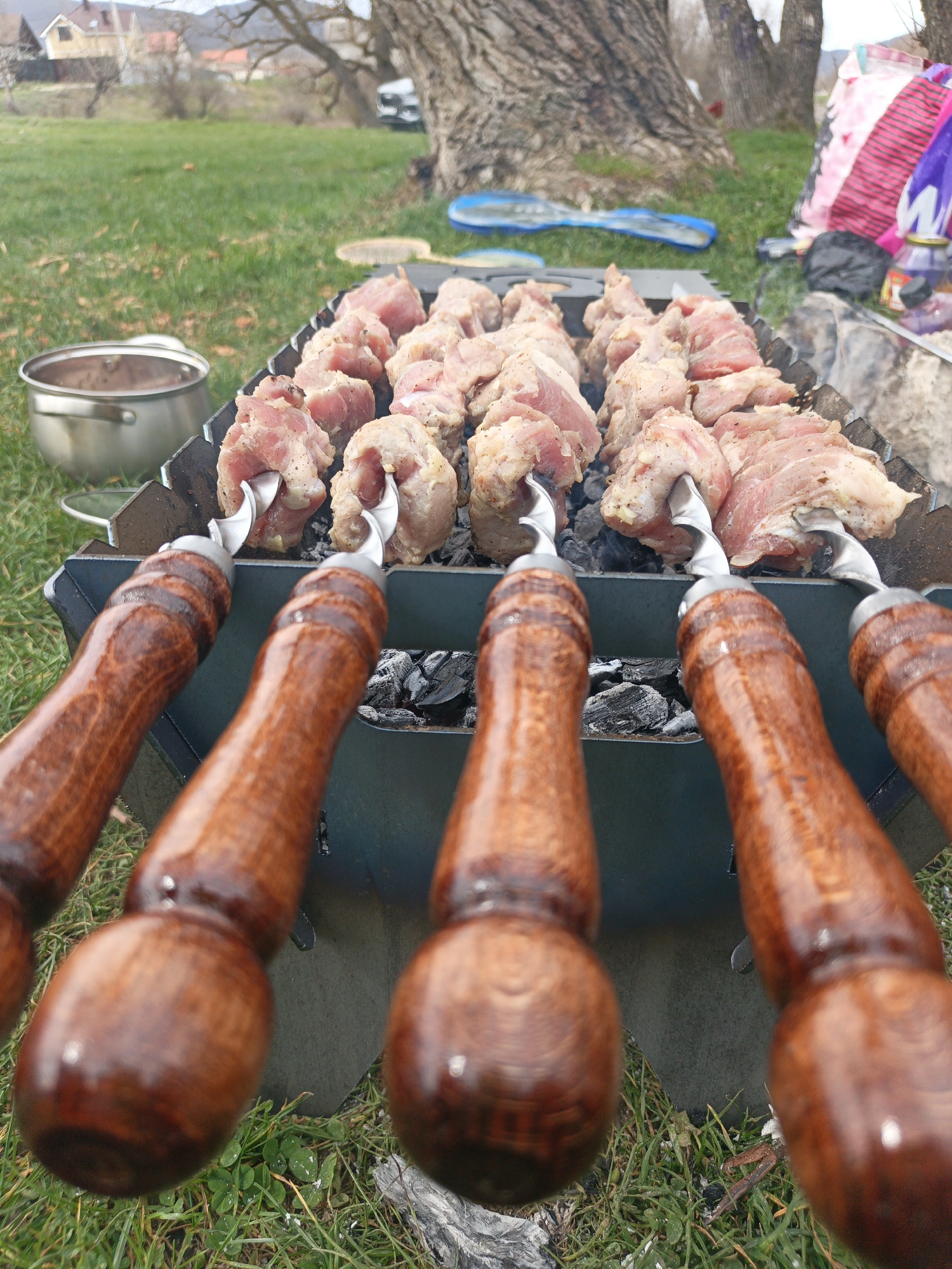 The image shows a barbecue grill with skewers of meat being cooked in Орлиновский округ, Ukraine. The grill is rectangular and sits on the grass. The skewers have wooden handles. A pot is visible on the left side of the grill. In the background, there is a tree, a house, and a bag. The environment is outdoors with green grass. The scene appears to be a casual outdoor cooking event.