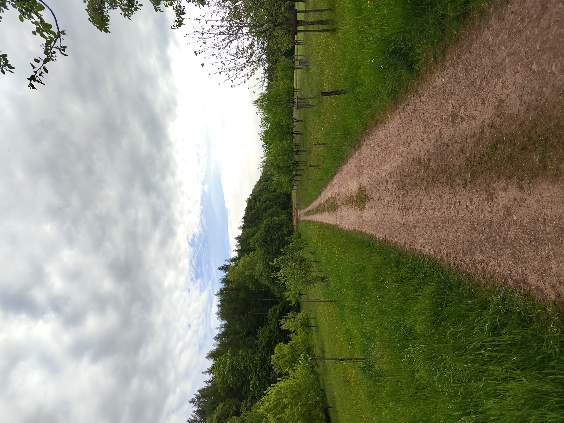 The image depicts a dirt path extending into the distance. The path is flanked by green grass and trees on either side. The sky is cloudy. The location is in Perl, Germany.