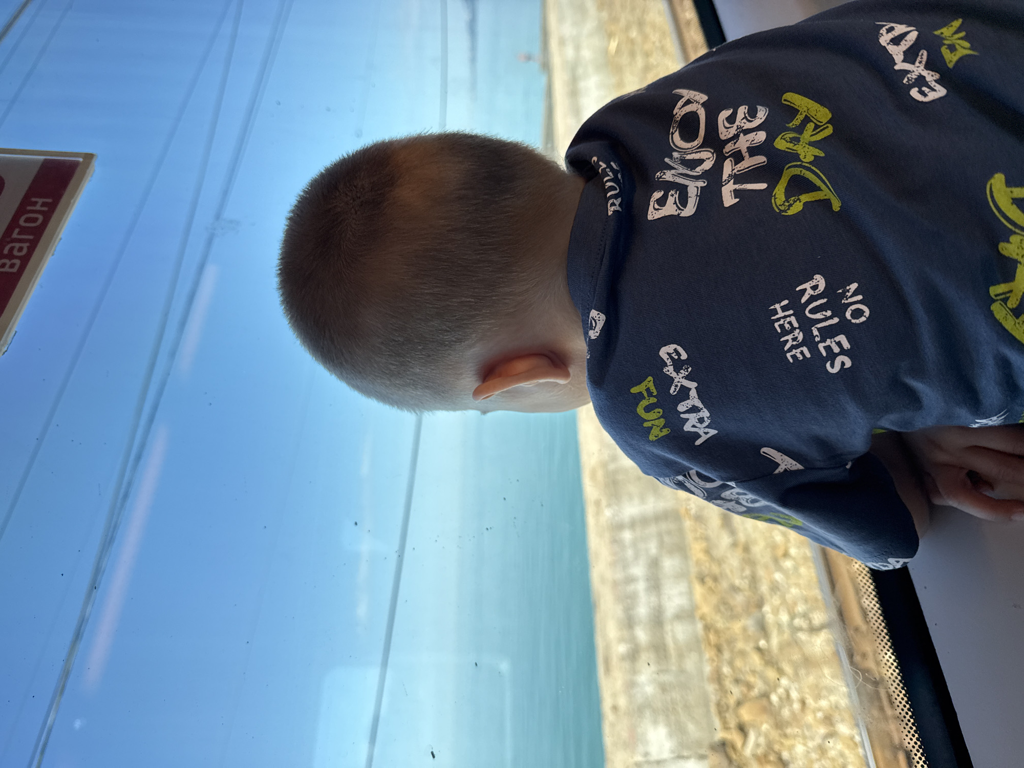 A young child, seen from behind, leans against a train window, gazing out at the passing scenery. The child has closely cropped, light brown hair and wears a navy blue long-sleeved shirt patterned with white, yellow-green, and light pink text. Phrases such as "ENJOY THE RIDE" (partially visible), "NO RULES HERE," and "EXTRA FUN" are clearly discernible on the garment.
Through the window, a bright blue sky fills the upper portion of the outside view, indicating a clear, sunny day. Below the sky stretches a calm, light blue body of water, strongly suggestive of the Black Sea given the Sochi location. A narrow strip of sandy or rocky land, likely a beach, borders the water at the bottom of the external scene. The child's hands rest gently on the white window sill or frame.
In the upper left corner of the internal train cabin, a red and white sign bearing the Russian word "ВАГОН" (VAGON, meaning 'carriage') is partially visible, confirming the setting as a Russian train. The vibrant daylight suggests it is daytime. The child appears completely absorbed in observing the coastal landscape. The window glass itself shows minor smudges and reflections, typical of a well-used train carriage window.
