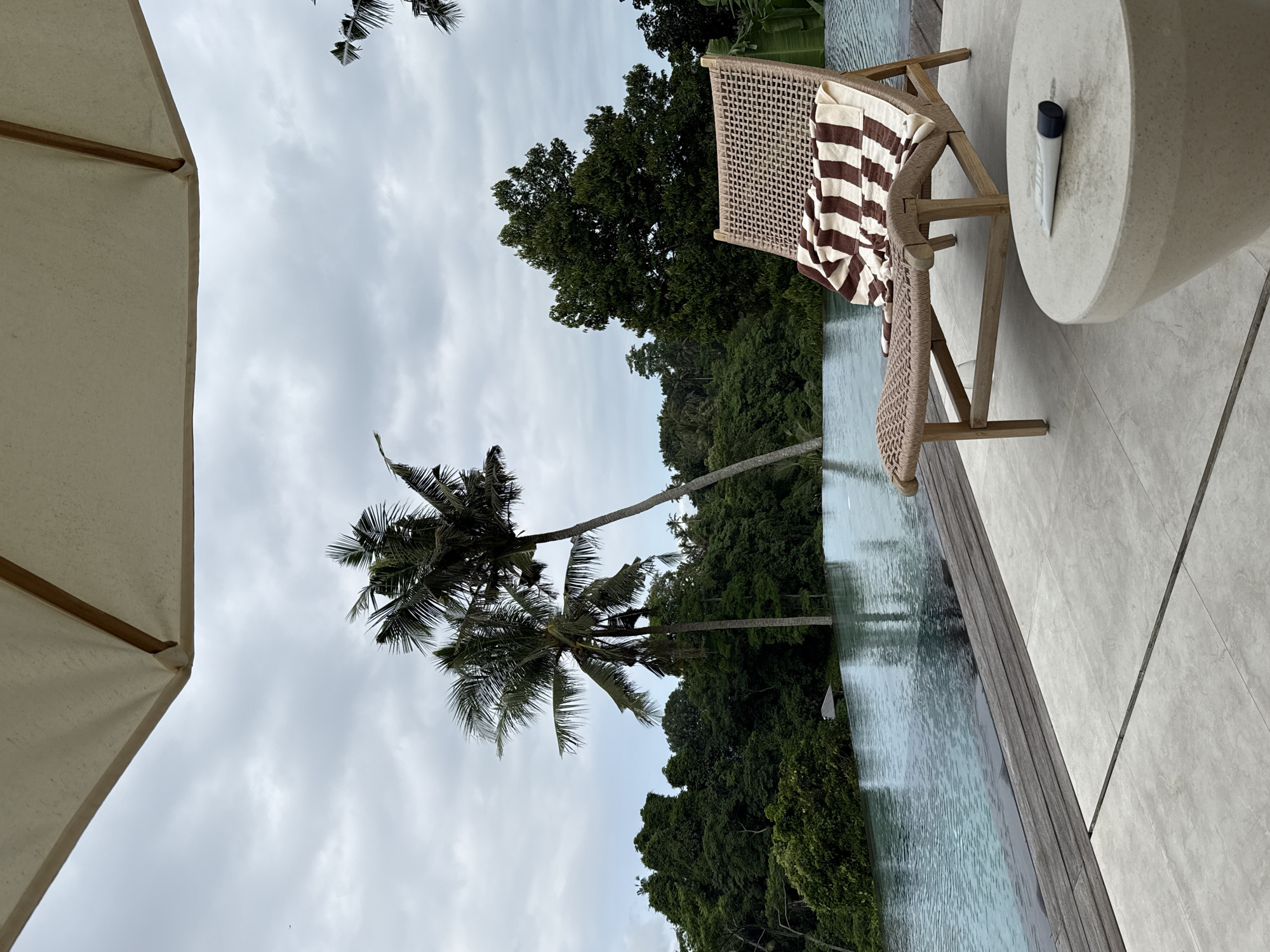 The photograph captures a tranquil scene in Ubud District, Indonesia, featuring a luxurious outdoor setting adjacent to a lush tropical landscape. A partially visible white patio umbrella provides shade in the lower left of the frame. A wooden chaise lounge with a woven seat and a brown and white striped towel casually draped over the back rests near an infinity pool. To the right of the chair is a light-colored, cylindrical side table upon which sits a white tube with a black cap.
Beyond the edge of the pool, dense, green vegetation climbs up the sides of a ravine or hill, punctuated by the vertical silhouettes of two tall coconut trees. Their crowns of fronds reach towards the cloudy sky. The overcast sky fills much of the upper half of the image, suggesting a subdued or potentially rainy day. The composition is such that the environment conveys a sense of calm, privacy, and tropical luxury.
