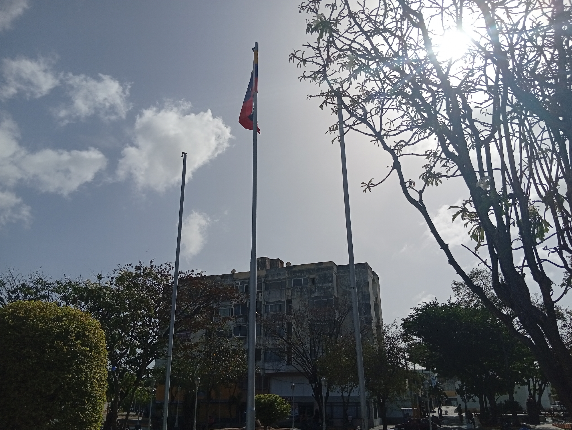 The image depicts a scene in Juan Griego, Venezuela, featuring the Venezuelan flag flying on a pole in the center of a park-like setting. The flag is positioned between two other bare flagpoles. Behind the flagpoles stands a weathered, multi-story building with numerous windows. Trees and shrubbery are visible in the foreground and around the building. The sky is partly cloudy, with the sun obscured by a tree on the right side of the frame. The lower part of the image includes a view of a plaza with people and benches.
