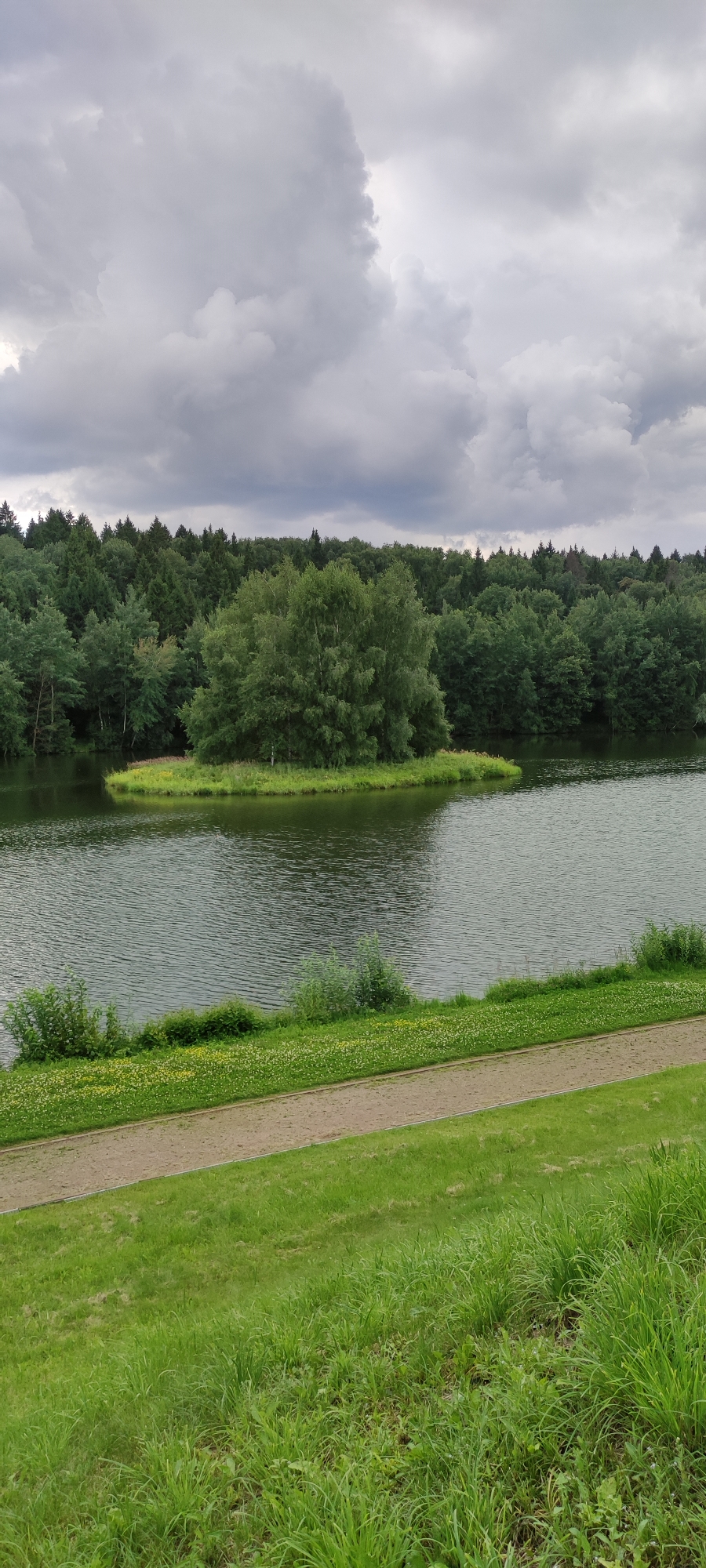 The image depicts a serene natural landscape under a cloudy sky. The foreground is a lush green grassy slope leading down to a textured dirt path. Beyond the path, a strip of green grass is dotted with small yellow flowers, bordering a body of dark, rippling water. In the center of the water, a small, verdant island is covered in green grass and dominated by a large, full tree. The background features a dense forest of various green trees, with taller, darker evergreens interspersed with lighter deciduous trees. The sky above is filled with dramatic, grey, and white clouds, suggesting an overcast day. The location, Rosinka KP, Russia, is not explicitly visible but implied by the context provided. There are no people or visible actions in the scene.