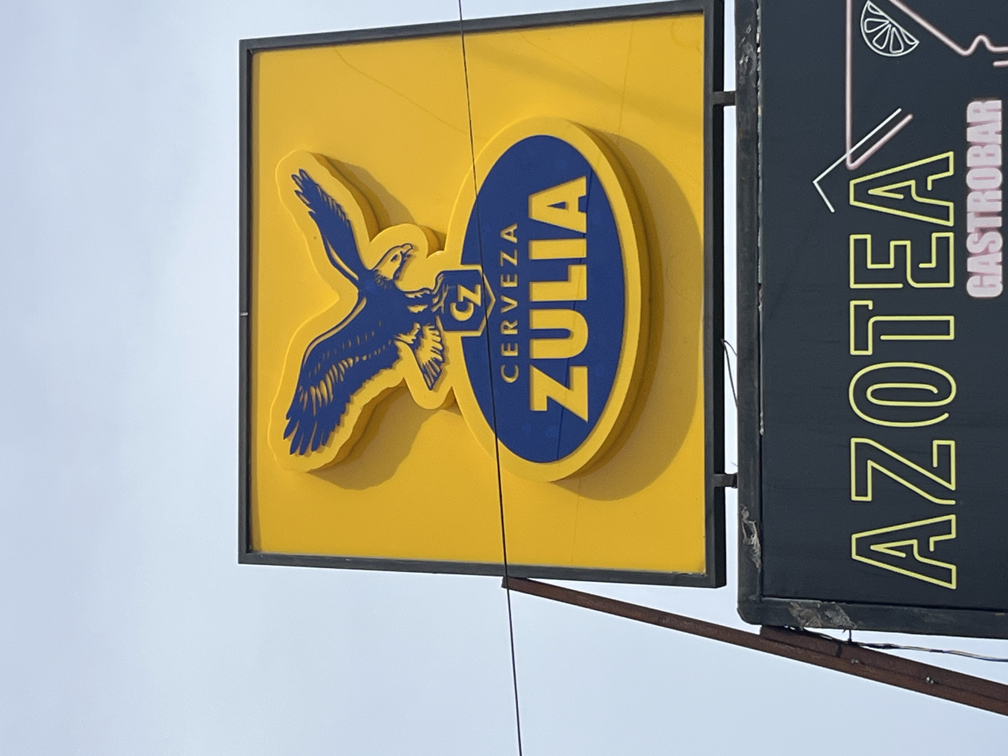 This image captures two commercial signs outdoors, likely during daytime under an overcast sky.
The prominent sign on the left is rectangular, featuring a bright yellow background with a relief design in blue and yellow. The central element is a blue stylized eagle with outstretched wings, facing left. To its right, a blue oval shape contains the word "ZULIA" written vertically in yellow capital letters. Above "ZULIA" and to the right of the eagle, the word "CERVEZA" is written vertically in smaller blue capital letters. A small "CZ" logo is also visible near the eagle's head. The sign has a black frame, and its three-dimensional elements cast subtle shadows, indicating depth.
To the right, partially visible, is another rectangular sign with a black background. This sign displays text and a graphic in light-colored outlines, possibly neon or LED. The word "AZOTEA" is clearly visible in large yellow outline letters, oriented vertically. Above it, a smaller word "GASTROBAR" is written horizontally in a lighter, possibly pink, outline. A graphic of a lime wedge is also visible near the top left of this black sign.
A thin, dark wire or cable runs vertically in front of the yellow sign. A diagonal metal support beam is visible below the signs, anchoring them.
The setting appears to be an urban or commercial area in Pampatar, Venezuela, where these signs are advertising a beer brand ("Cerveza Zulia") and a gastrobar ("Azotea Gastrobar").