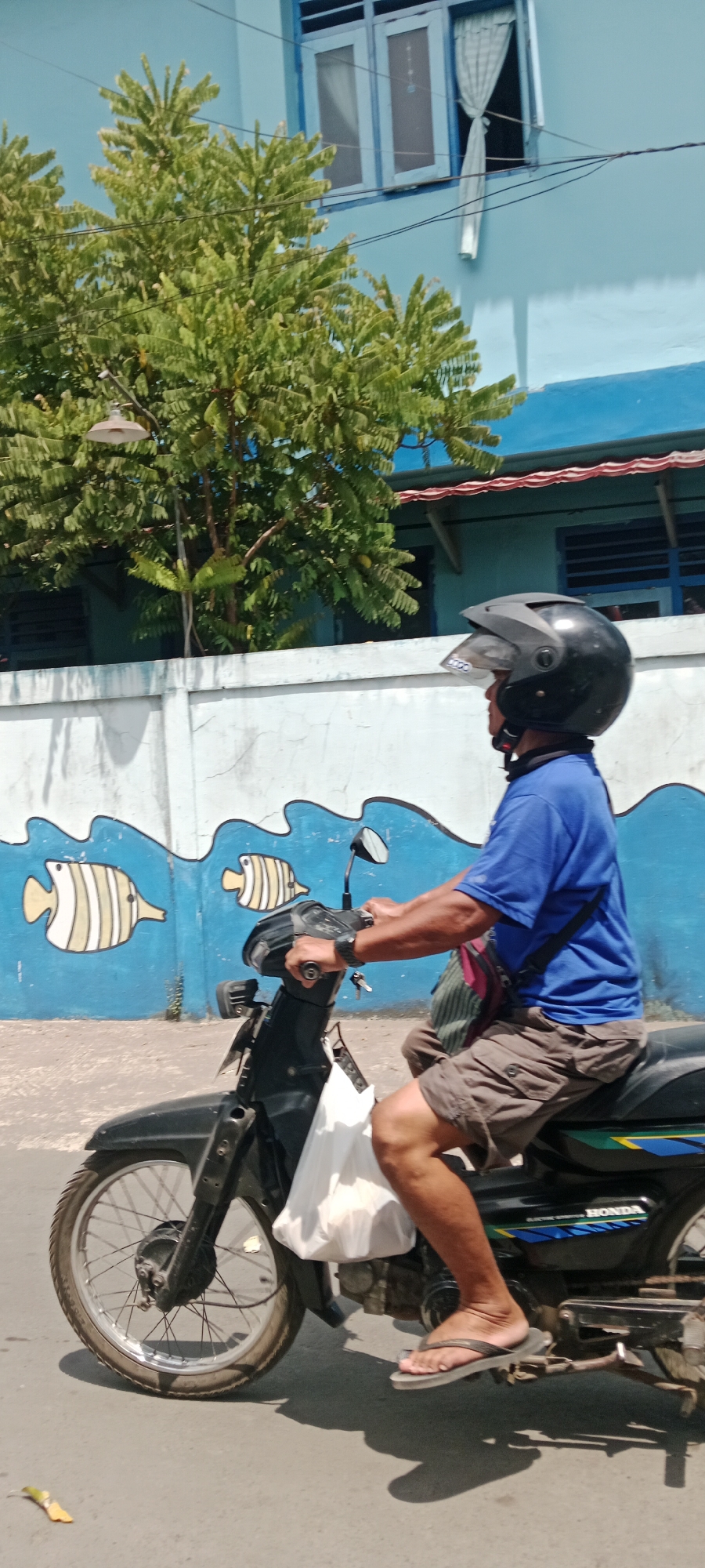 A man wearing a blue shirt, brown shorts, and a black helmet rides a black motorcycle. He is on a paved road with a blue wall mural of waves and fish behind him. The mural is on the side of a building with blue window frames and a red roof. Green trees with sparse leaves are visible above the wall. The man is carrying a white plastic bag on the front of his motorcycle. The lighting suggests it is daytime. The scene is in Purwomartani, Indonesia.