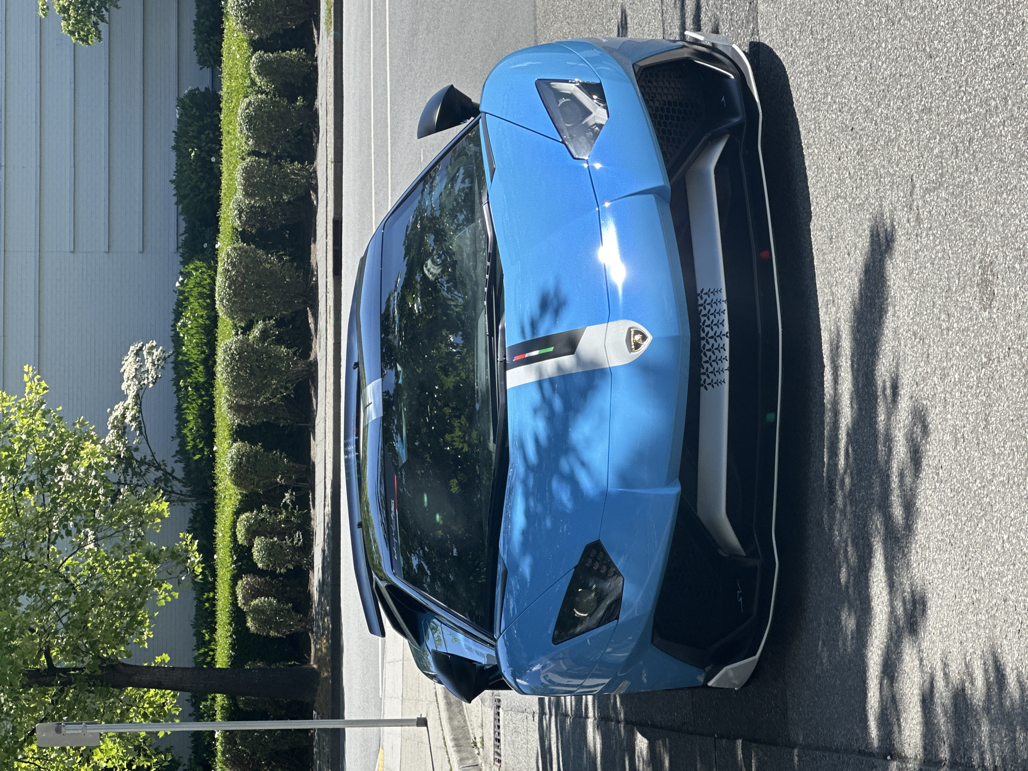 An eye-level, full frontal shot captures a bright blue Lamborghini Aventador parked on a street in Coquitlam, Canada. The car is positioned directly facing the camera, with its front bumper and headlights prominently displayed. A subtle stripe, featuring the Italian flag colors of green, white, and red, runs down the center of the hood, drawing attention to the vehicle's sporty design. The car's sleek lines and aggressive stance are accentuated by the sun's glare, which reflects off its polished surface.
The background reveals a neatly trimmed hedge line and a white brick building, suggesting an urban or suburban setting. A tree with vibrant green foliage casts dappled shadows across the car and the asphalt road, indicating a sunny day. The road itself is a light grey, with faint white lines suggesting traffic lanes. To the left of the car, a grey pole stands tall, and further back, a sidewalk is visible. The overall scene is static, with no visible people or ongoing activity, allowing the striking presence of the Lamborghini to dominate the frame.