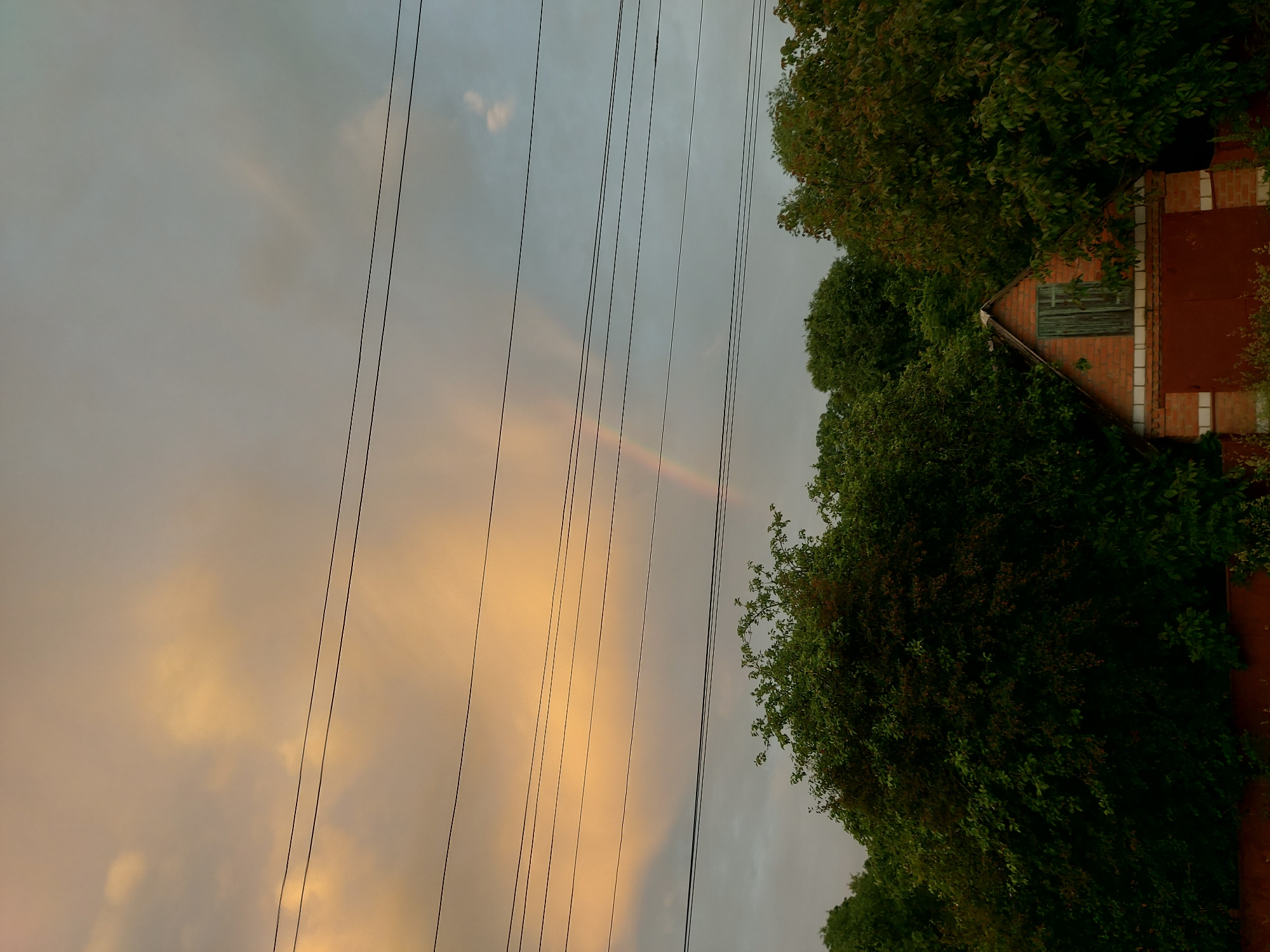 The image displays an outdoor scene in the city of Unknown, Unknown, under a dynamic sky. The upper left portion of the sky is dominated by warm, pale yellow and orange cloud formations, while the right side transitions to cooler grey and light blue tones. A faint rainbow arc is visible in the upper-middle of the frame, spanning from left to right against the greyer sky. Several dark, horizontal utility wires extend across the entire width of the image at varying elevations. The lower two-thirds of the scene are densely populated by a thick canopy of dark green trees. On the lower right, partially obscured by foliage, stands a gabled brick building, likely a garage or storage shed. Its walls are constructed primarily from orange-red bricks with lighter-colored brick detailing at the corners and base. A tall, narrow, light blue-green wooden door or shuttered window is centered within the gable, above a large, dark red-brown garage door that occupies the lower facade. No individuals or specific actions are discernible.