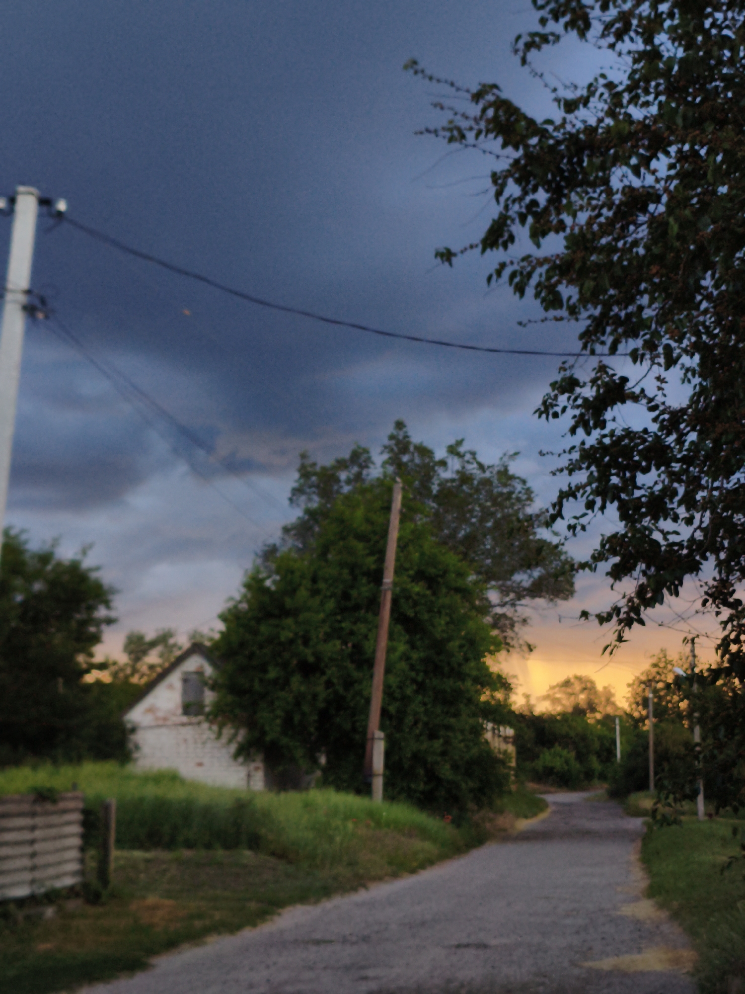 The image shows a rural road in Ustyvytsia, Ukraine, at dusk. The sky is a deep blue with dark storm clouds gathering. A single, white utility pole stands on the left side of the road, with power lines stretching across the frame. On the right, a large tree with dark green leaves overhangs the road.
In the middle ground, a small, white building with a triangular roof is partially obscured by lush green trees. A wooden fence runs along the left side of the road in the foreground, with tall green grass growing around it. The road itself is paved and appears to be well-maintained. The overall atmosphere is serene and slightly melancholic, with the approaching darkness and storm clouds creating a dramatic backdrop.