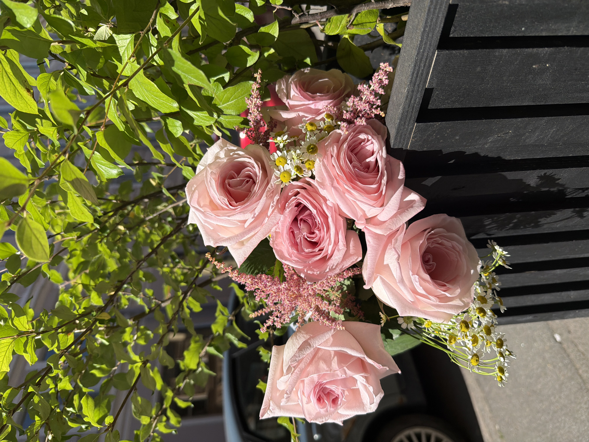 A bouquet of light pink roses is displayed outdoors, resting on a black wooden fence. The roses are accompanied by clusters of small pink flowers and delicate white daisies with yellow centers. Lush green foliage forms the background, suggesting an outdoor setting. In the blurred background, a dark-colored car is partially visible, indicating an urban environment. The sunlight casts shadows on the fence and the surrounding area. The scene is likely located on a street or walkway in Saint Petersburg, Russia, given the architectural style of the building visible behind the greenery and the overall ambiance. There are no people or animals present in the image.