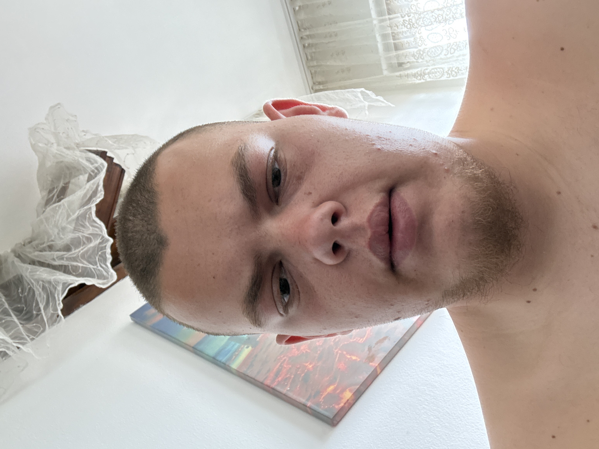 A close-up, selfie-style photograph shows a Caucasian male with short, dark hair and stubble. His face is angled downward towards the camera. The background includes a white wall, a partially visible picture with a colorful abstract design, and a window with a sheer, patterned curtain. The location in Livada, Bulgaria is not discernible from the image.