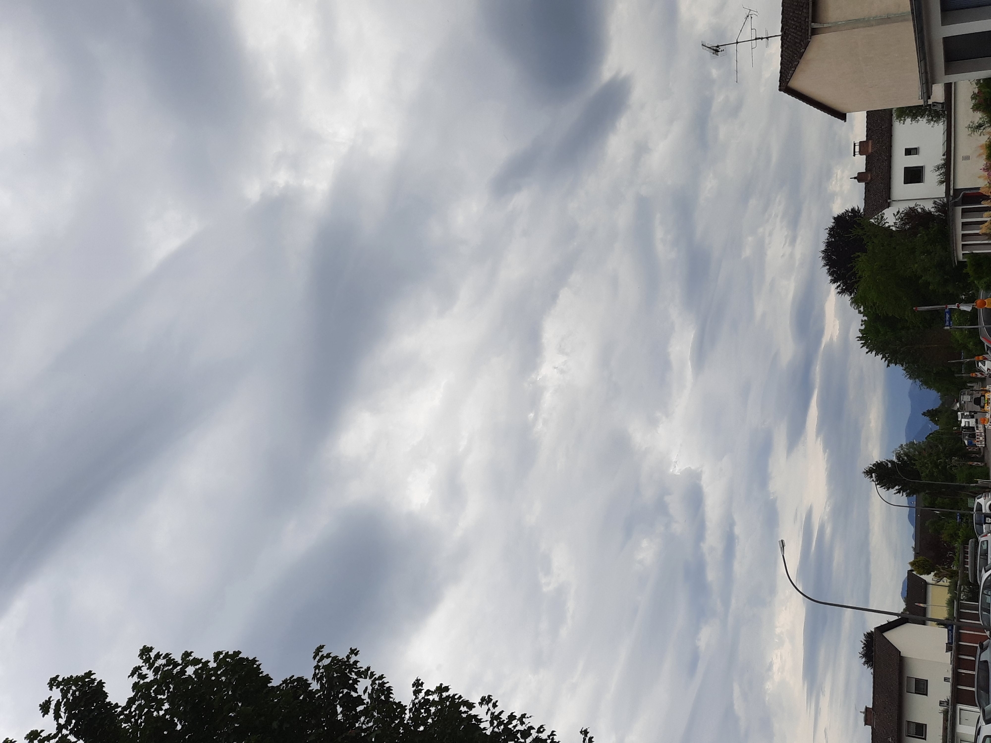 This is a vertical, eye-level, full shot of a cloudy sky over a street in Rosenheim, Germany. The clouds are grey and white and appear to be moving in streaks. On the left side of the image, a dark green tree with large leaves is visible, its branches reaching into the sky. Below the clouds, a street is lined with houses, some with red-tiled roofs. Streetlights and utility poles are also visible. In the background, mountains can be seen in the distance. Several cars are parked along the street, and some construction equipment is present. The scene appears to be taking place during the day, but the overcast sky suggests it might be a gloomy or stormy day.