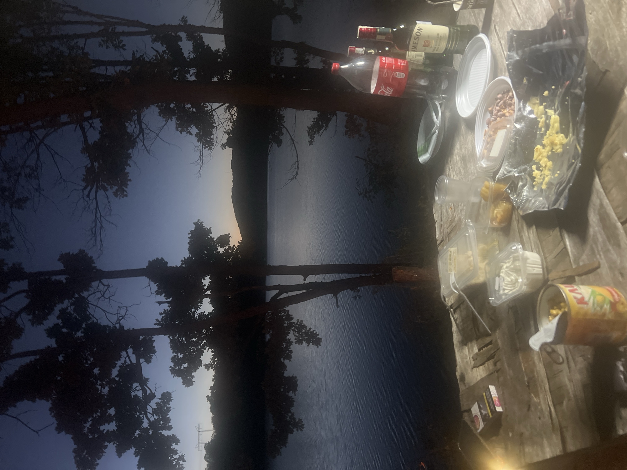 The image depicts an outdoor scene at dusk, likely near Brachkovtsi, Bulgaria, with a lake in the background and silhouetted trees in the foreground. A wooden table in the foreground is laden with items suggesting a casual gathering or picnic. Among the objects visible are a partially consumed bottle of Coca-Cola, two bottles of Jameson Irish Whiskey, several plastic containers with food, a can of corn, a pack of cigarettes, and discarded food wrappers and utensils. The lighting suggests it is twilight, with a gradient of blue and orange in the sky. The overall atmosphere is serene, with the calm water reflecting the fading light.