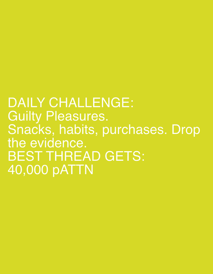 A digital graphic features white text against a vibrant, solid lime green background. The text, in a clear sans-serif font, is left-aligned and occupies the lower portion of the frame. It presents a "DAILY CHALLENGE:" titled "Guilty Pleasures." The challenge prompts participants to share "Snacks, habits, purchases," with the instruction to "Drop the evidence." An incentive is offered, stating "BEST THREAD GETS: 40,000 pATTN." There are no visible people, objects, or specific scene details depicted. The image solely consists of text on a colored background, suggesting it is a digital announcement or prompt originating from Razlog, Bulgaria.