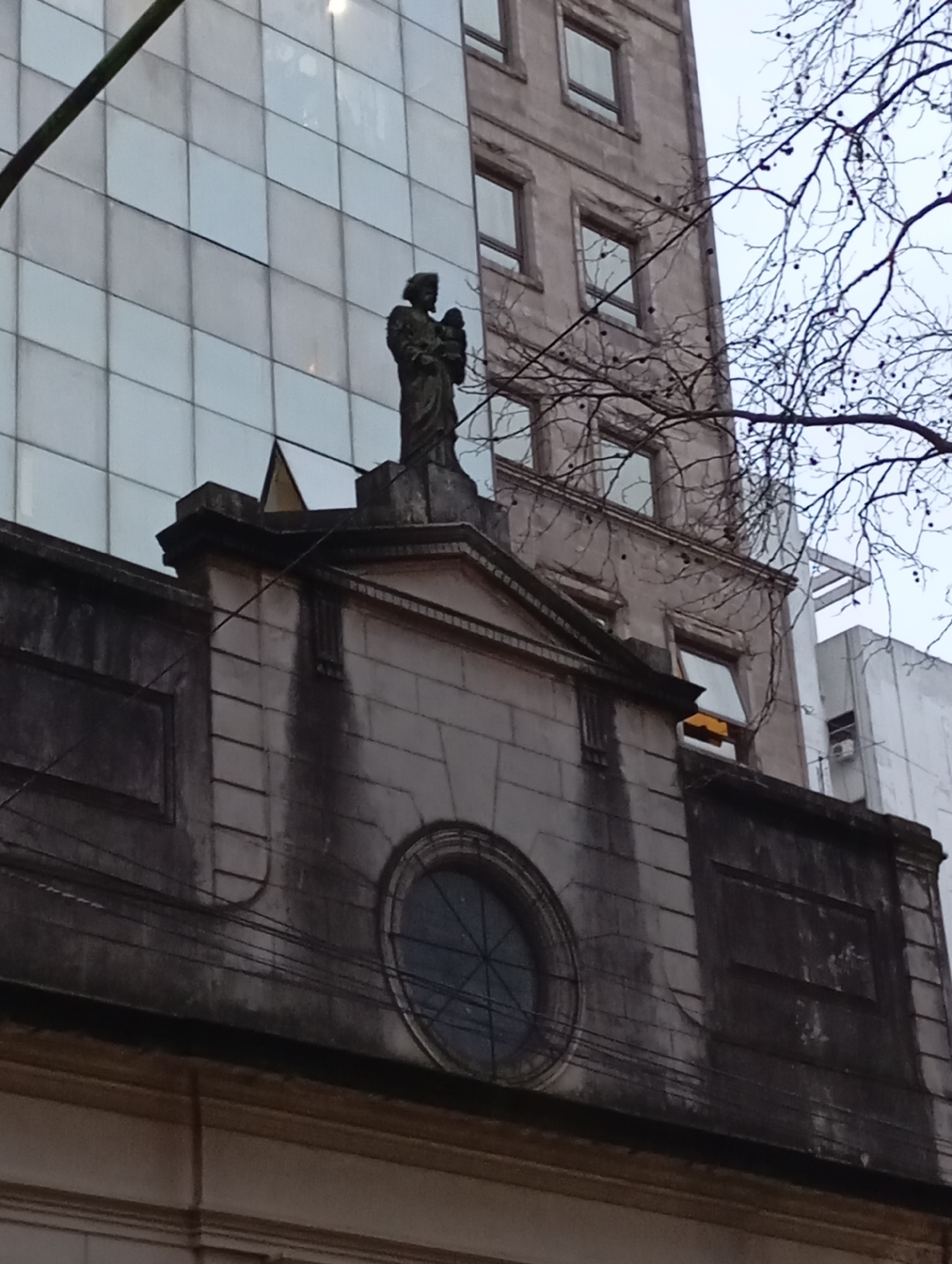 The image shows a statue of a person holding a child, likely a religious figure, atop a building in La Plata, Argentina. The statue is dark and appears to be made of stone. It is positioned on a ledge with ornate architectural details, including a round, multi-paned window above it. Behind the statue, a modern building with a glass facade is visible, reflecting the sky. To the right, a bare tree with small dark fruits reaches into the frame, its branches silhouetted against the overcast sky. The overall scene is somewhat somber, with muted colors and a sense of age and weathering on the older structure. The context suggests this is a historical or religious landmark within the urban landscape of La Plata.
