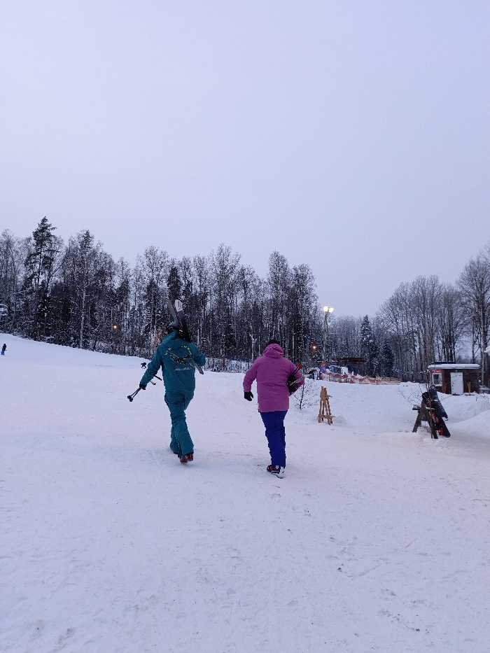The image captures a winter scene at what appears to be a ski resort or a snowy recreational area. Two individuals, viewed from behind, are walking across a snow-covered path, heading slightly uphill towards a backdrop of dense, snow-dusted trees.
The person on the left is wearing a full teal or turquoise winter suit. They are carrying a pair of skis balanced over their left shoulder and holding ski poles in their right hand, with the tips resting on the snow. On the back of their jacket, there is a prominent emblem featuring a stylized winged creature, possibly a bird of prey like an eagle, with some illegible text underneath it.
The person on the right is wearing a bright pink or magenta winter jacket and dark blue ski pants. They are carrying a dark object, likely a ski helmet, tucked under their left arm and appear to be wearing ski boots.
The ground is entirely covered in a thick layer of white snow, showing some footprints from previous activity. To the left, a gentle snowy slope extends upwards, with a small, distant figure visible on it, possibly another skier. The background is dominated by a forest of mostly bare deciduous trees mixed with some coniferous evergreens, all lightly covered in snow.
In the mid-ground on the right side of the image, there are some wooden structures, possibly ski racks or small barriers, and further back, a small cabin or utility building is visible. Orange safety netting or fencing can be seen in the distance among the trees. Several artificial lights are also visible among the trees, suggesting either late afternoon, early evening, or an overcast day requiring additional illumination. The sky is a uniform, pale grey, indicative of an overcast winter day.
The overall activity depicted is people walking at a ski area, equipped with ski gear, presumably heading to or from the slopes. The atmosphere is cold and calm, characteristic of a winter landscape.