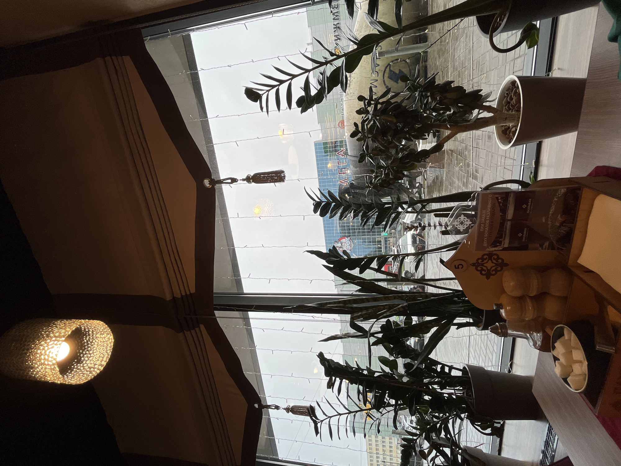 The image captures an interior scene, likely within a cafe or restaurant, looking out through a large window onto a city environment during an overcast day. The perspective is rotated 90 degrees counter-clockwise.
In the foreground, a warm, textured light fixture casts a glow, positioned alongside a partially drawn brown curtain. A decorative tassel hangs gracefully near the window, adorned with delicate string lights that stretch across the entire pane, adding a festive touch.
On the right side of the interior view, a wooden table or shelf holds several items: a white bowl containing sugar cubes, a glass cruet (possibly for oil or vinegar), and a table number "5". A menu or promotional display is also visible, featuring text in Cyrillic. The legible parts include "ПРИ ЗАКАЗЕ ДВУХ БОКАЛОВ РАЗЛИВНОГО ГРЕНКИ В ПОДАРОК" (When ordering two glasses of draft, croutons as a gift) and the repeated brand or restaurant name "ПАХЛАВАН".
Beyond the window, a lively urban scene unfolds, somewhat obscured by several potted plants with lush, dark green leaves, arranged along the windowsill. The exterior reveals multiple-story buildings, including one prominent blue structure. On this building, the word "МЕГА" (MEGA), a common name for large shopping centers, is clearly visible, along with other partial Cyrillic texts such as "ЛЕГАН", "ВИЖМЕ", and a distorted "SJAEMA", likely a misreading of Cyrillic text due to reflections. Cars can be seen moving on the street below. The sky is bright white and overcast, indicating daytime. No individuals are depicted in the frame. The overall atmosphere feels cozy and inviting inside, juxtaposed with the quiet activity of the city outside, characteristic of Izhevsk, Russia.