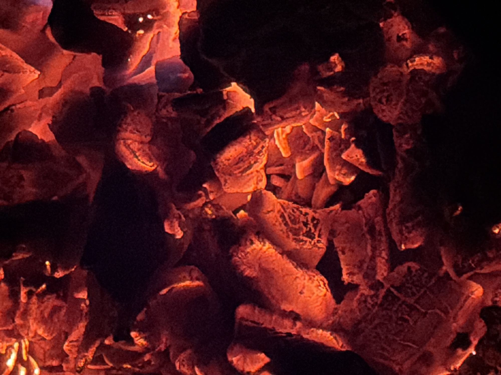 The image shows embers in a fire. The colors range from deep red to black. The embers are in various sizes and shapes. There are no people or other objects present. The image doesn't provide enough information to ascertain the specific location in Zimyenki, Russia or any details about activities and interactions.