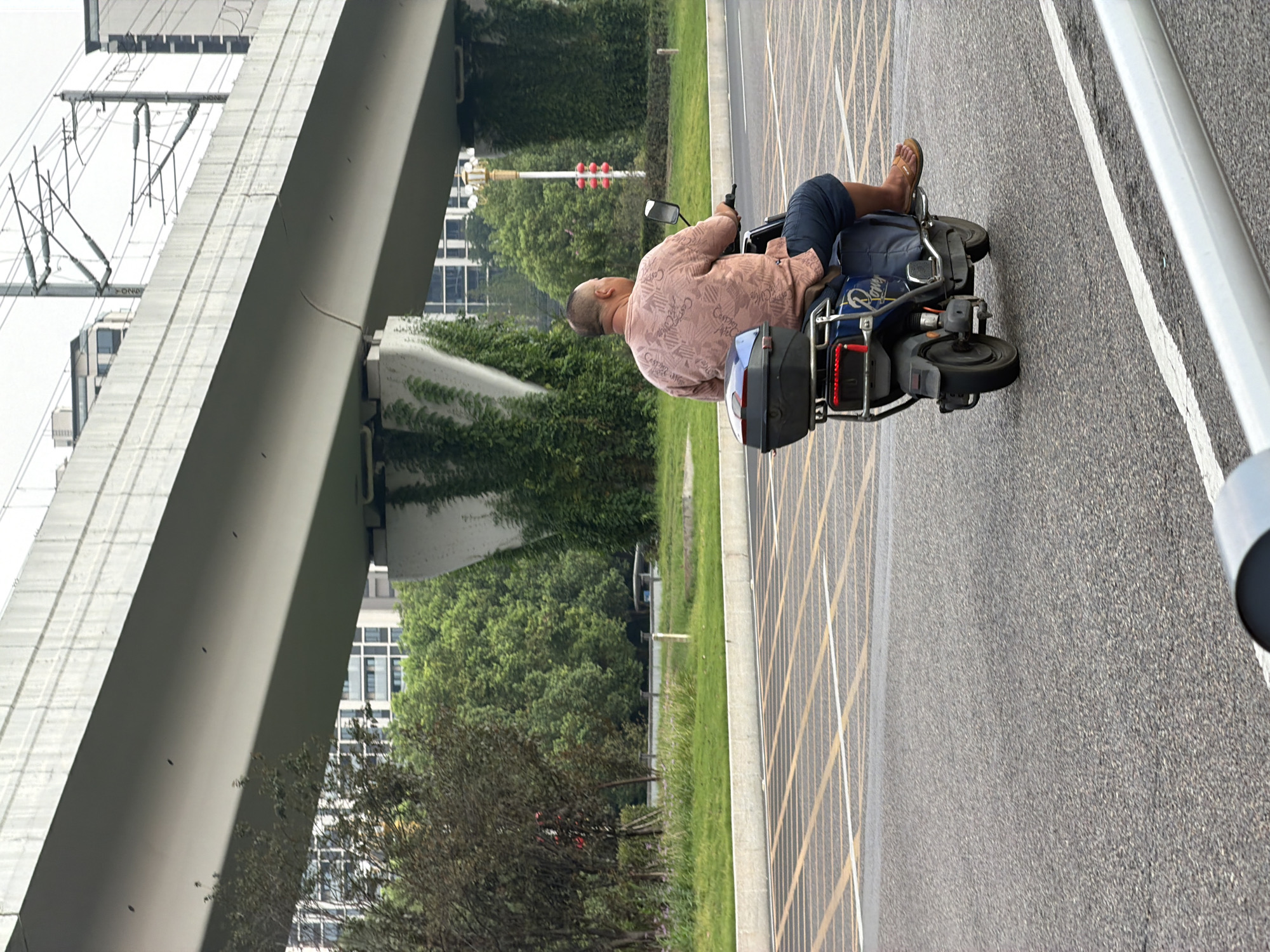 In Jiangjin, China, a man rides an electric scooter on a paved road, moving away from the camera. He is wearing a patterned pink short-sleeved shirt and dark blue shorts, with brown sandals on his feet. The scooter is blue and black, equipped with a black storage box on the rear. The man is positioned under a large, elevated concrete structure, possibly an overpass or elevated railway, which is covered in vines. In the background, there are trees, buildings, and overhead power lines. The road surface features yellow and white lane markings.